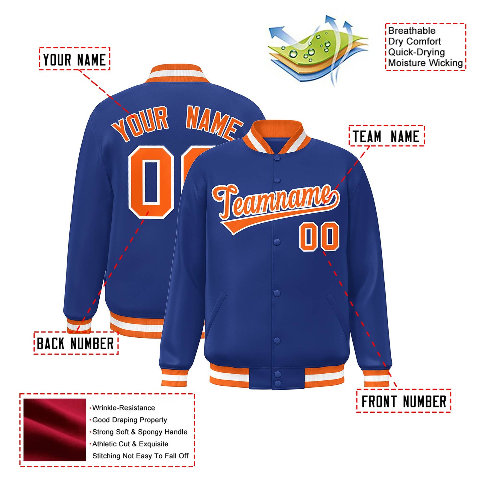 Custom Royal Blue Orange-White Bomber Full-Snap Varsity Letterman Jacket