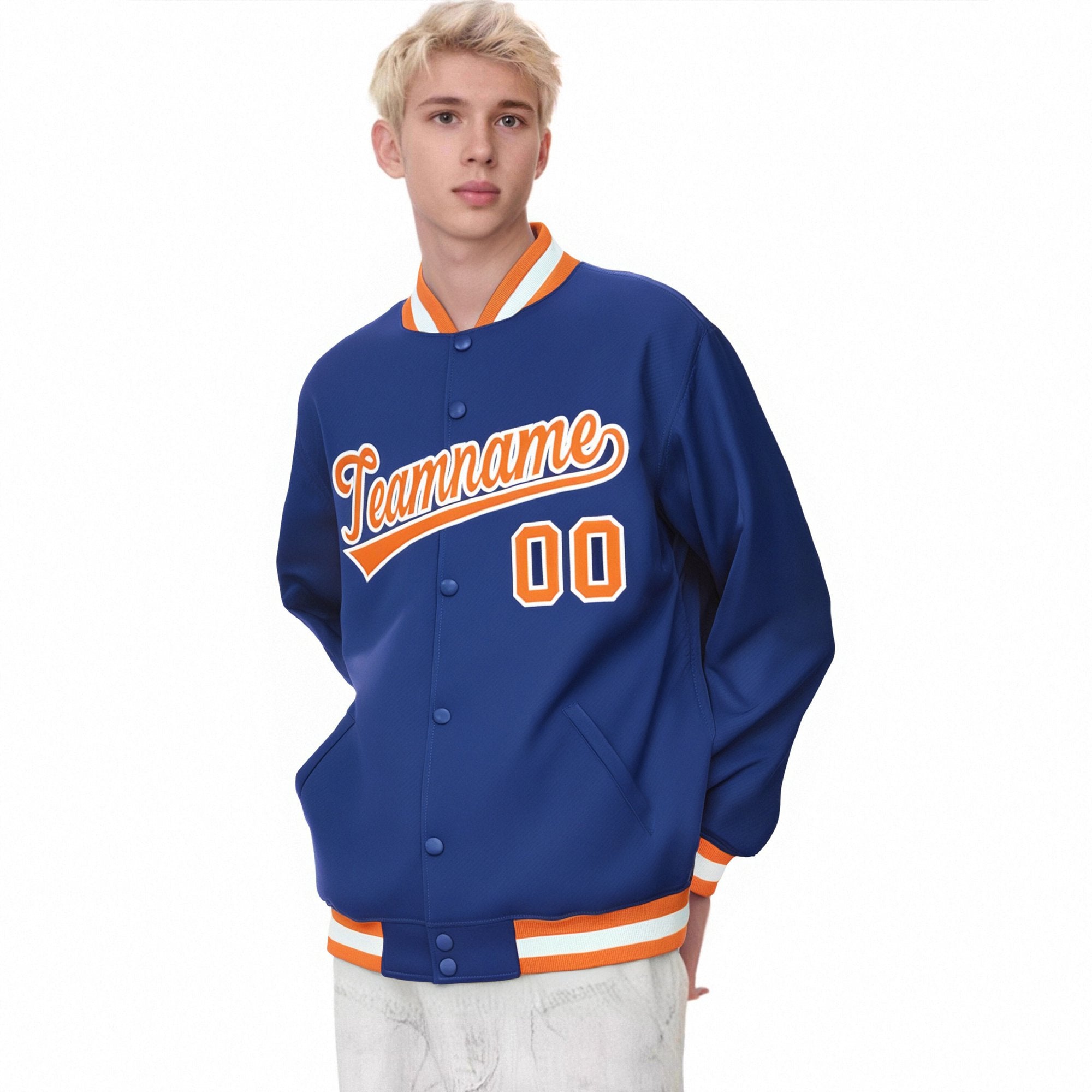 Custom Royal Blue Orange-White Bomber Full-Snap Varsity Letterman Jacket