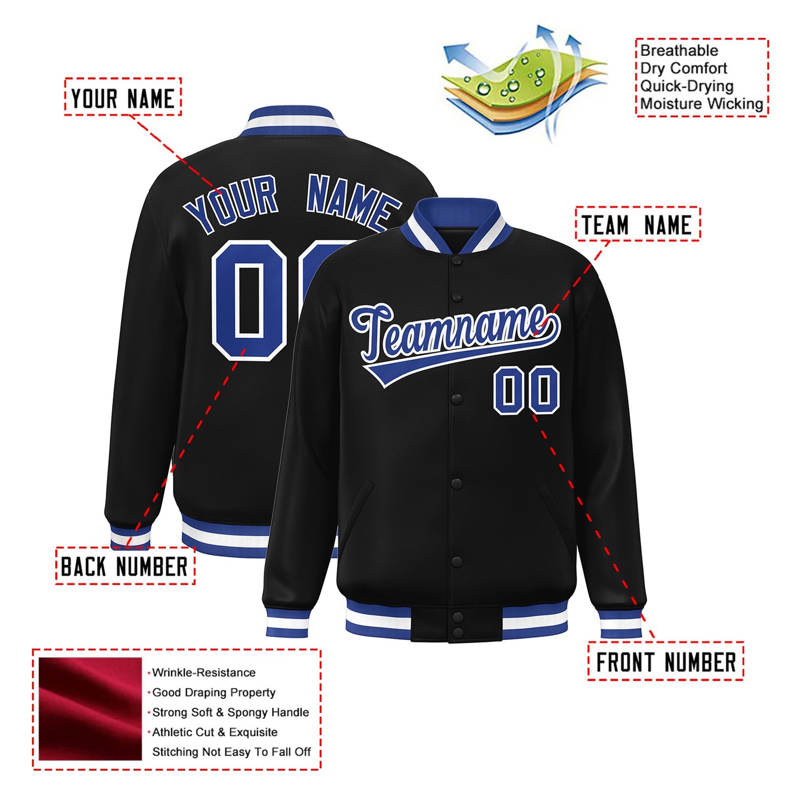Custom Black Royal-Blue White Bomber Full-Snap Varsity Letterman Jacket