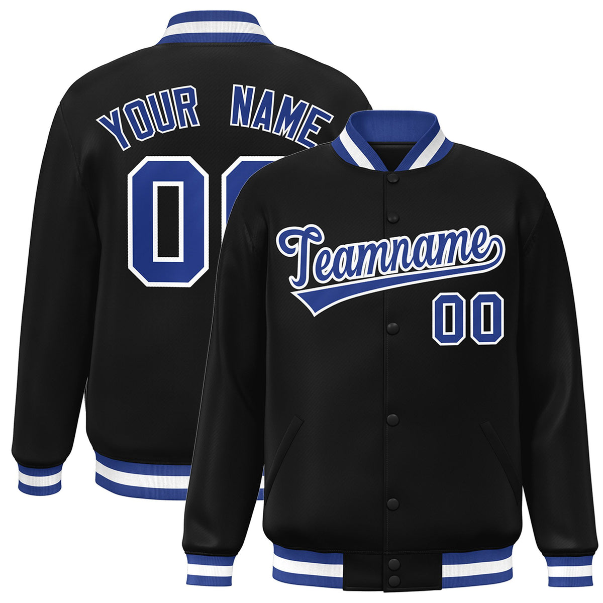 Custom Black Royal-Blue White Bomber Full-Snap Varsity Letterman Jacket
