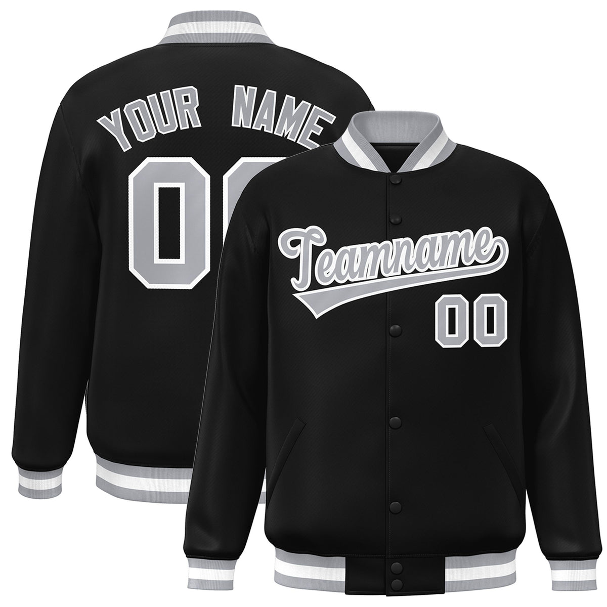 Custom Black Gray-White Bomber Full-Snap Varsity Letterman Jacket