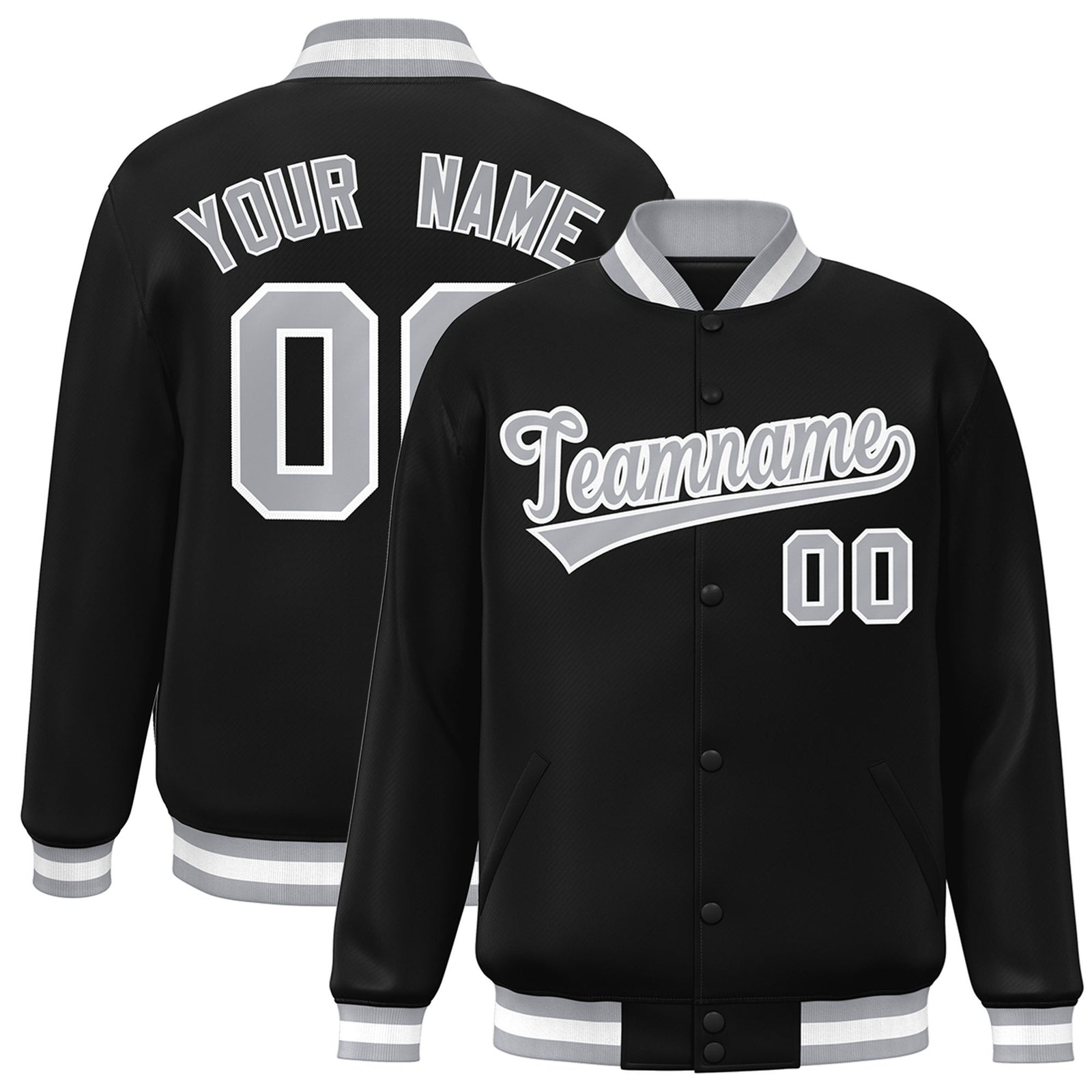 Custom Black Gray-White Bomber Full-Snap Varsity Letterman Jacket