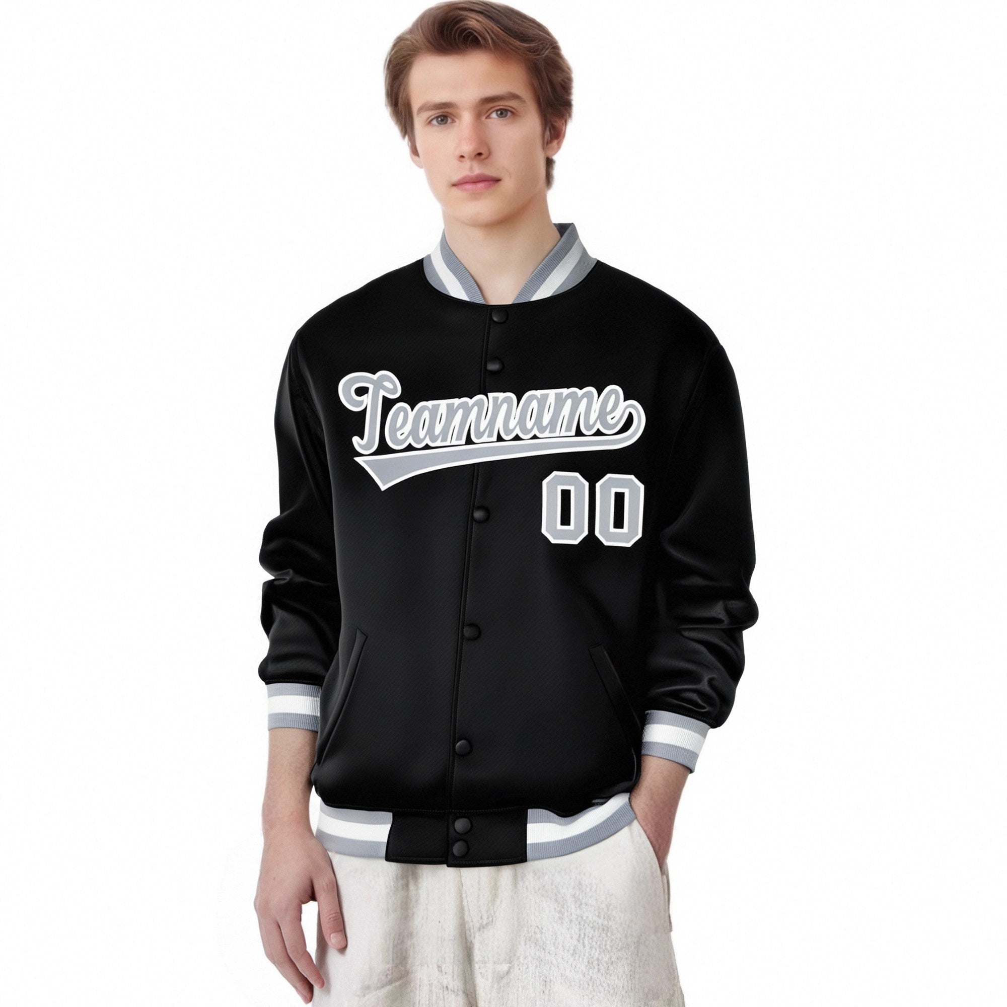 Custom Black Gray-White Bomber Full-Snap Varsity Letterman Jacket