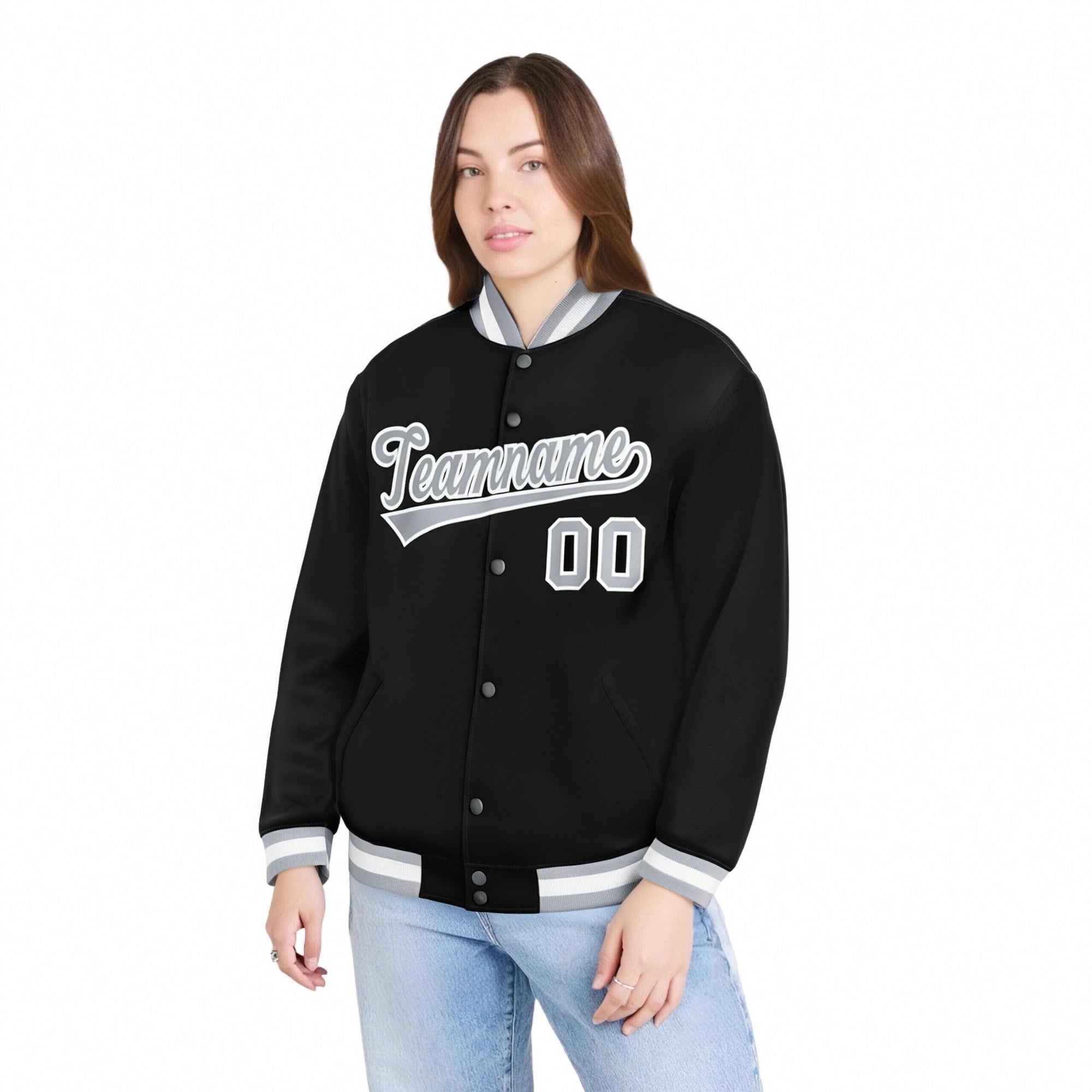 Custom Black Gray-White Bomber Full-Snap Varsity Letterman Jacket