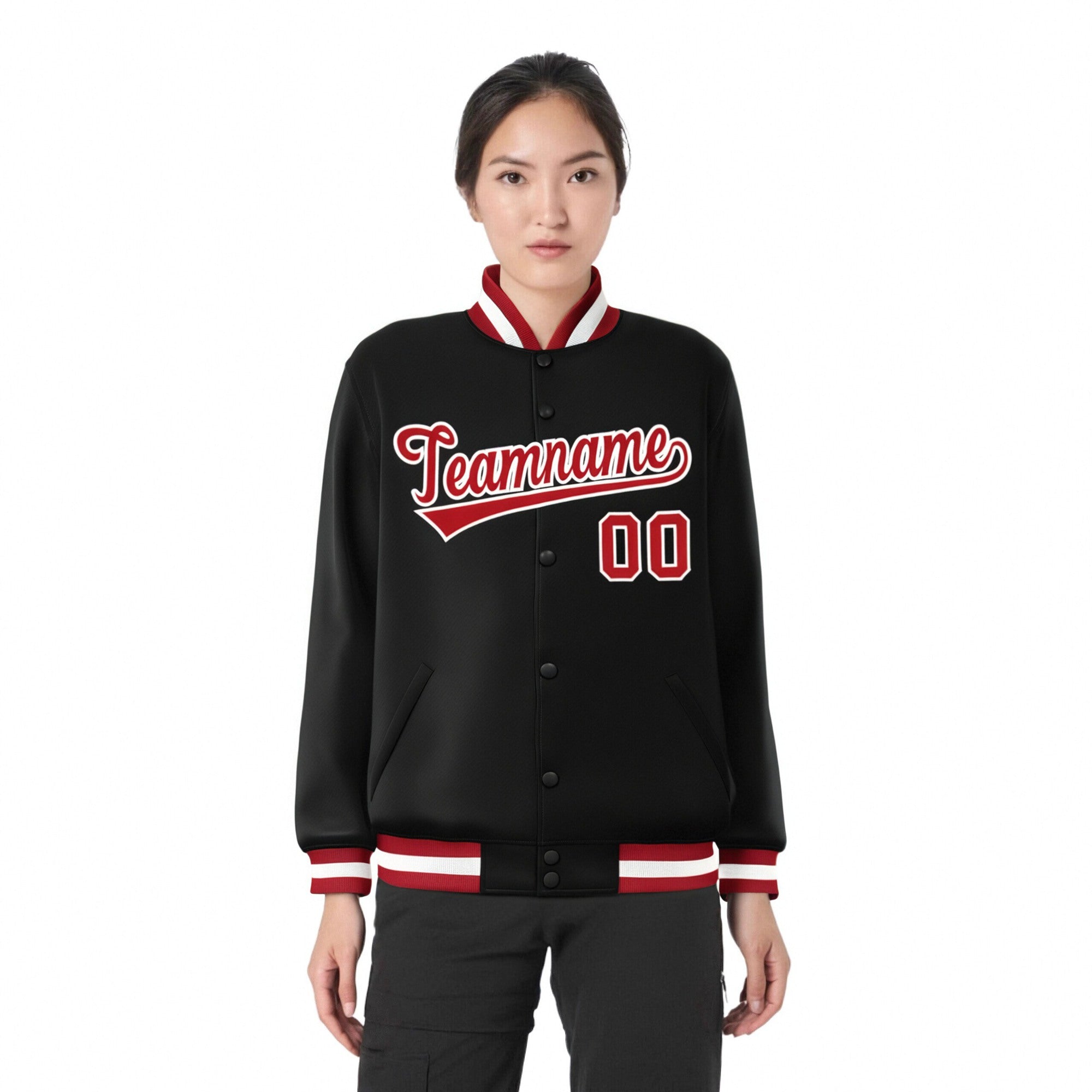 Custom Black Red-White Bomber Full-Snap Varsity Letterman Jacket