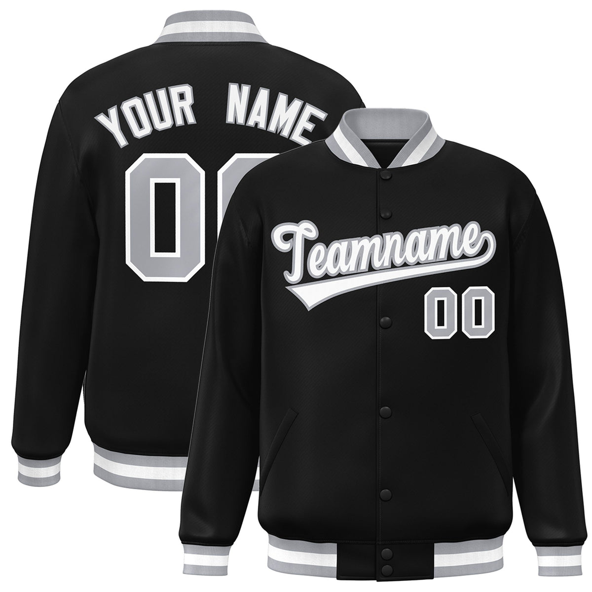 Custom Black White-Gray Bomber Full-Snap Varsity Letterman Jacket