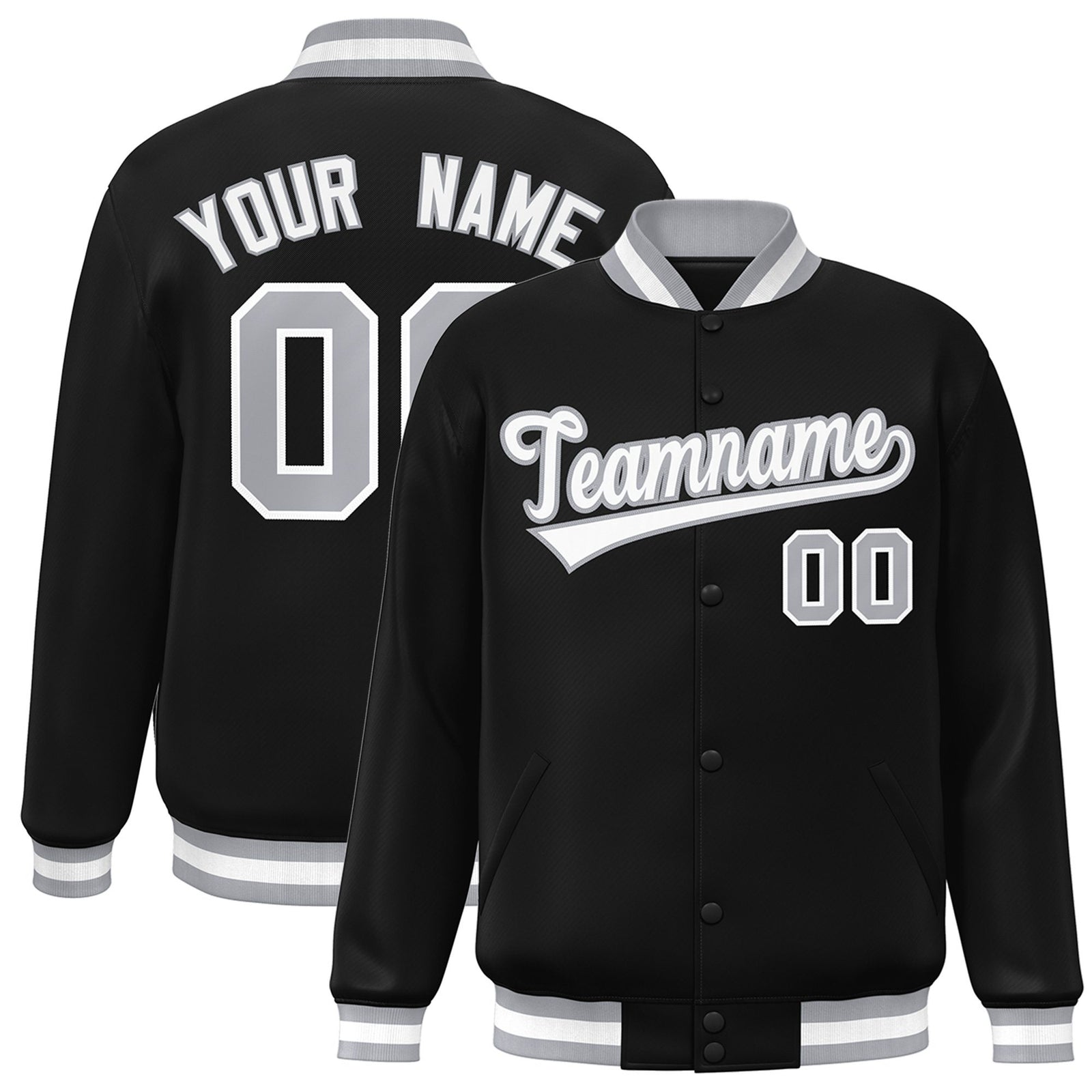 Custom Black White-Gray Bomber Full-Snap Varsity Letterman Jacket