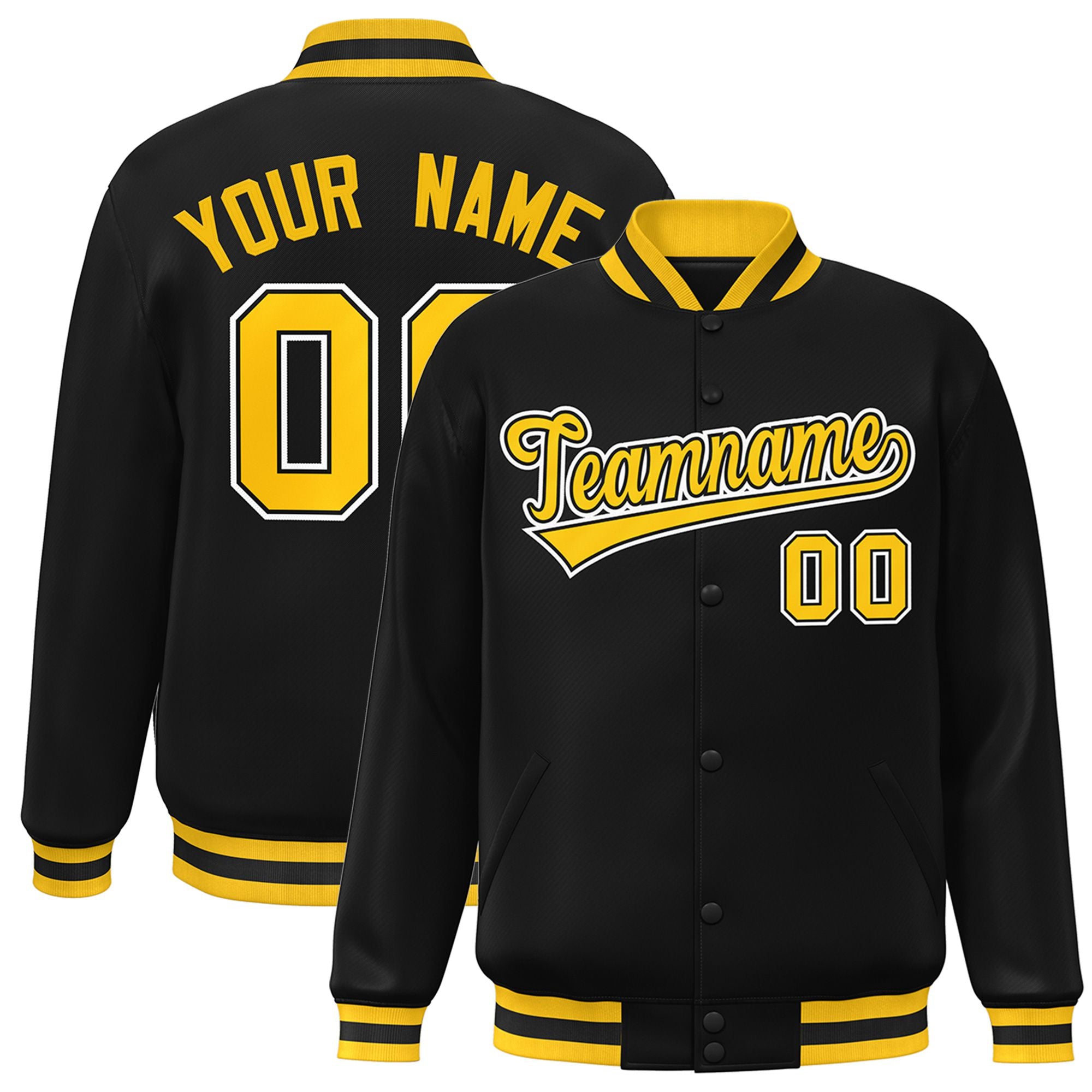 Custom Black Yellow-White Bomber Full-Snap Varsity Letterman Jacket