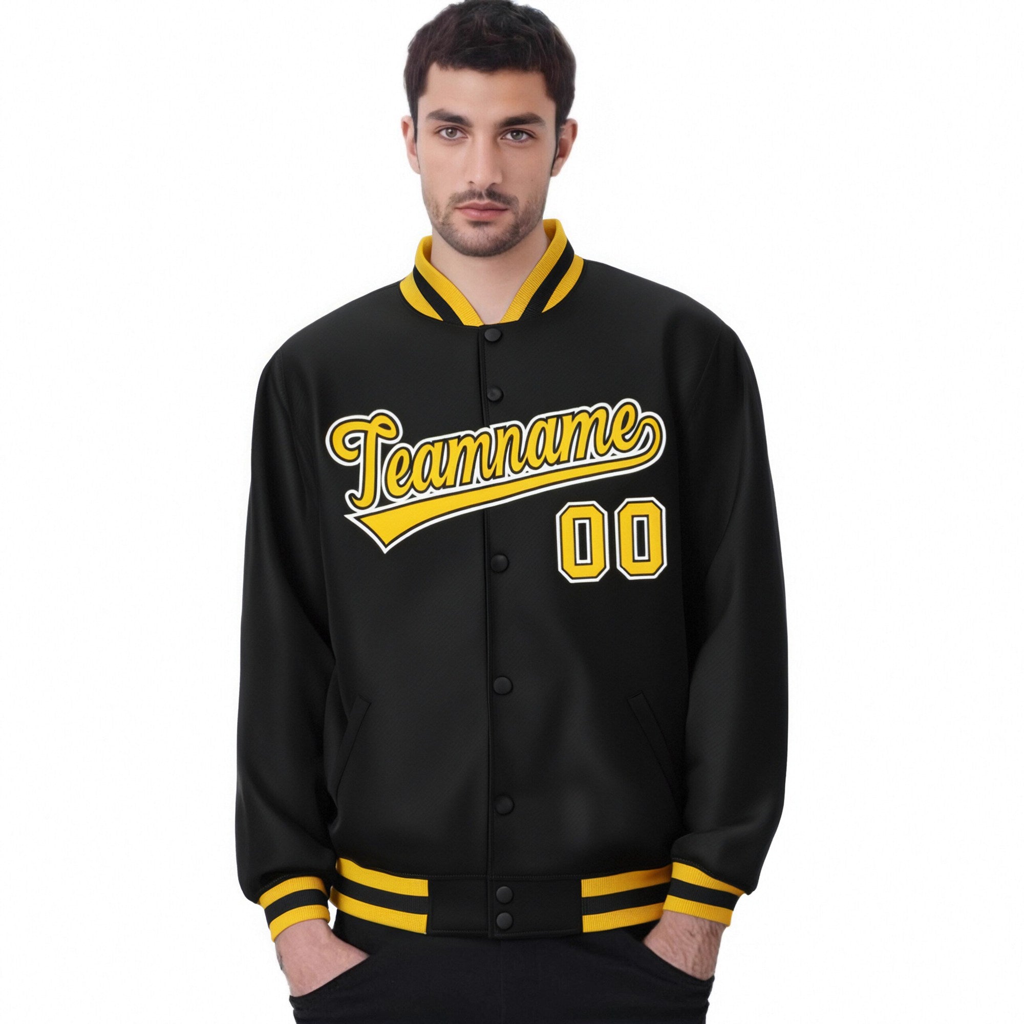 Custom Black Yellow-White Bomber Full-Snap Varsity Letterman Jacket