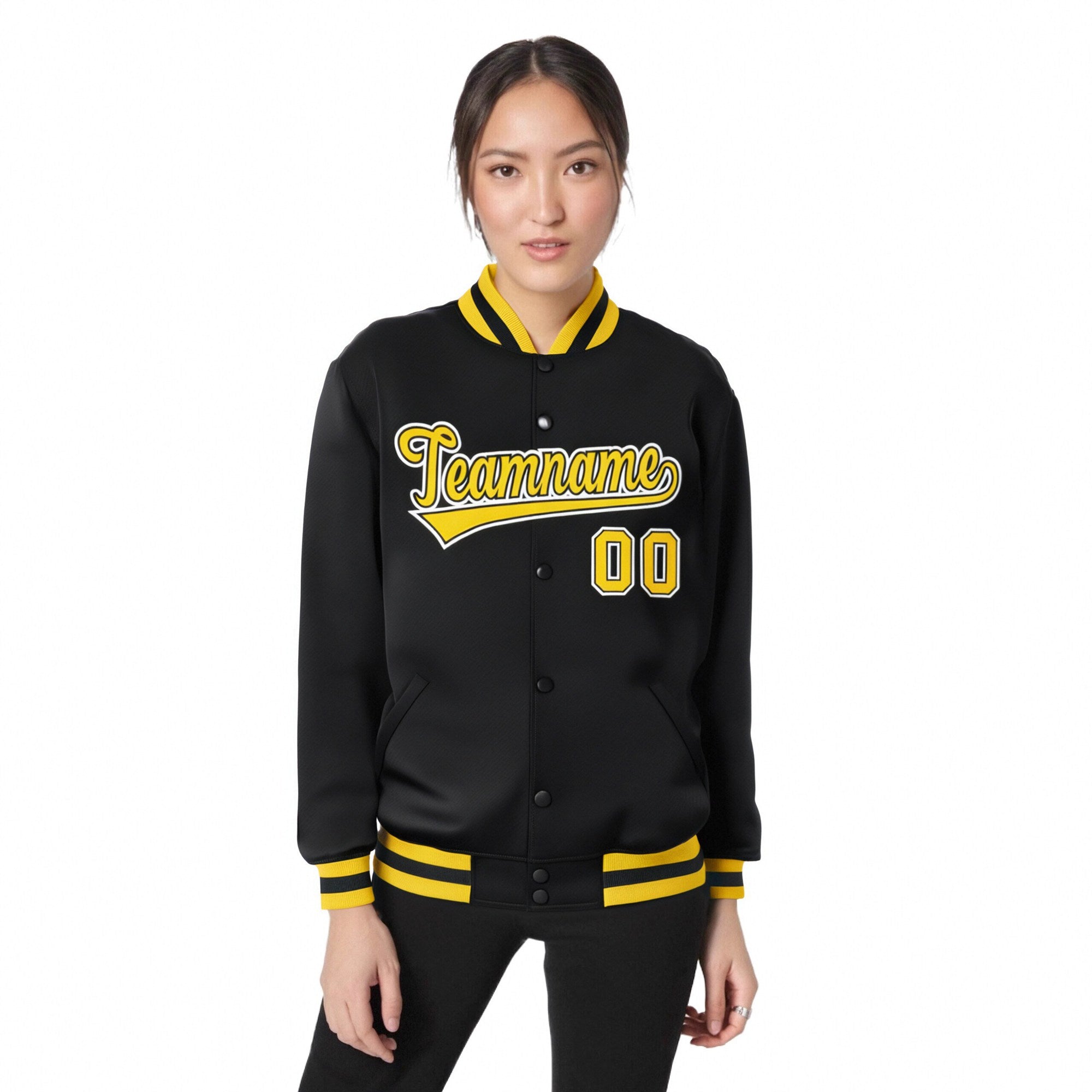 Custom Black Yellow-White Bomber Full-Snap Varsity Letterman Jacket