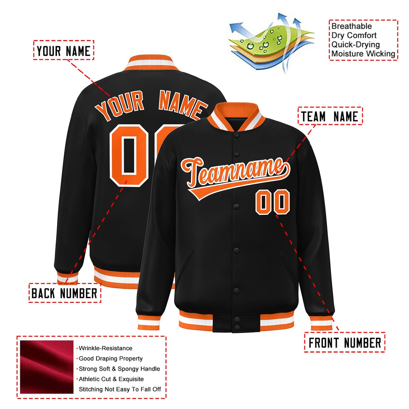 Custom Black Orange-White Bomber Full-Snap Varsity Letterman Jacket