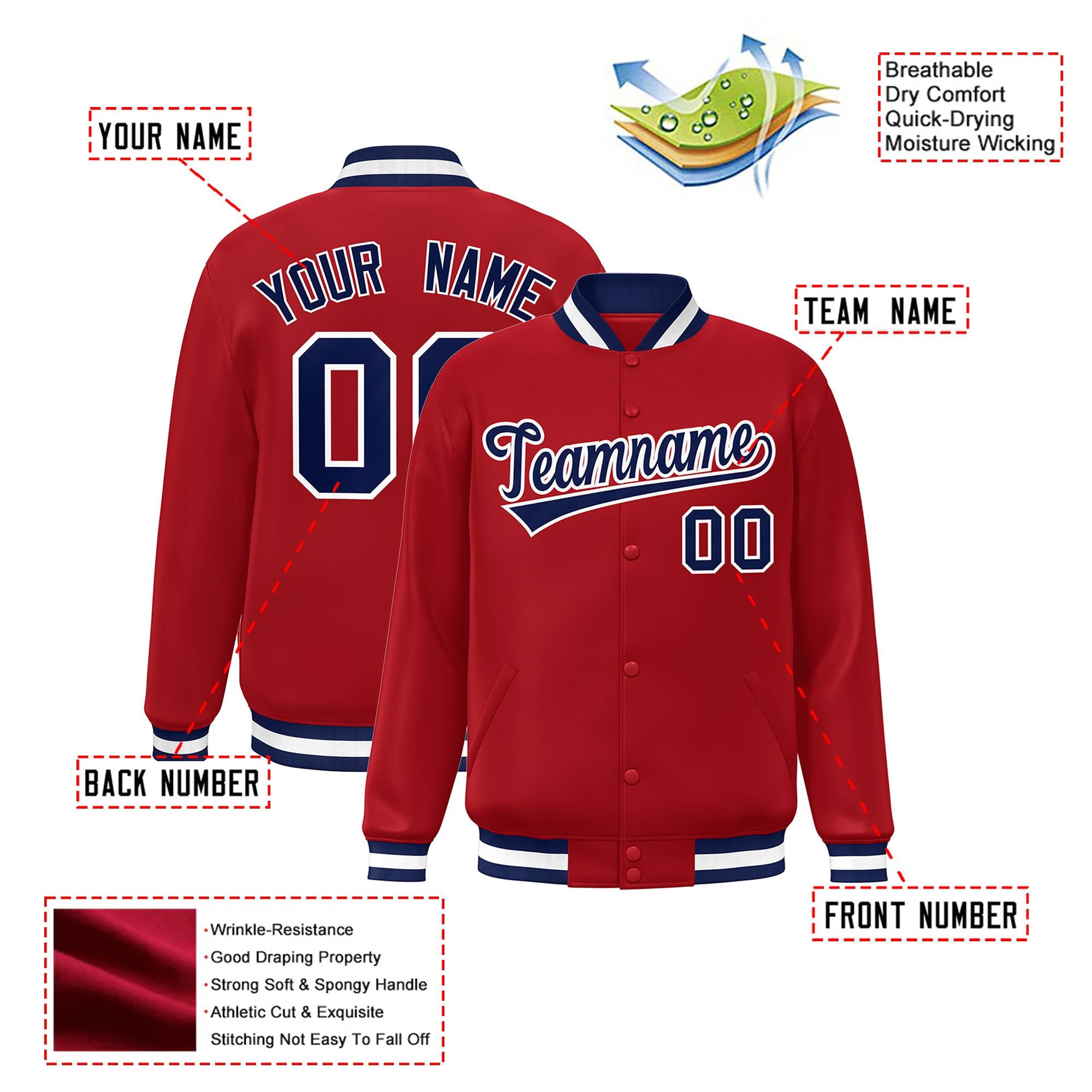 Custom Royal-Red Navy-White Bomber Full-Snap Varsity Letterman Jacket