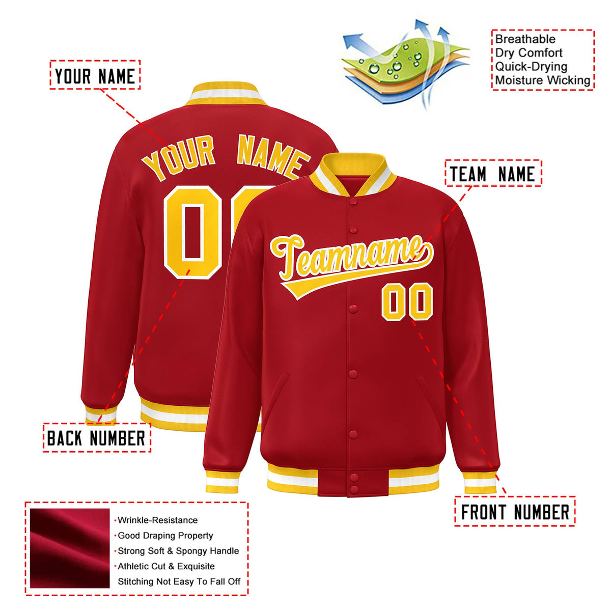 Custom Royal-Red Yellow-White Bomber Full-Snap Varsity Letterman Jacket