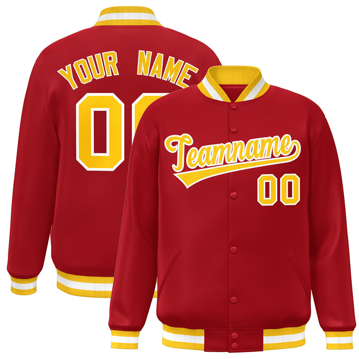 Custom Royal-Red Yellow-White Bomber Full-Snap Varsity Letterman Jacket