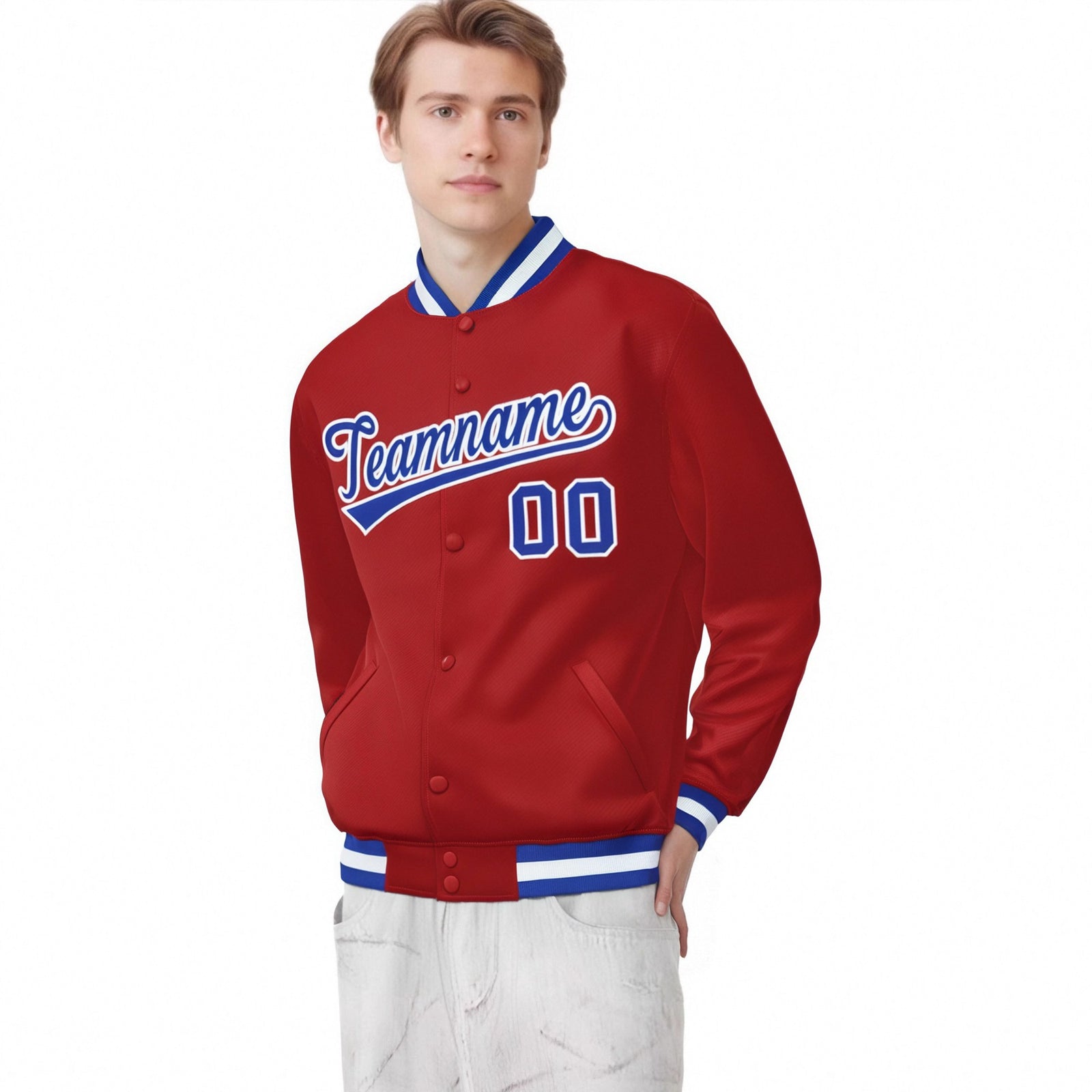 Custom Royal-Red Royal-Blue White Bomber Full-Snap Varsity Letterman Jacket