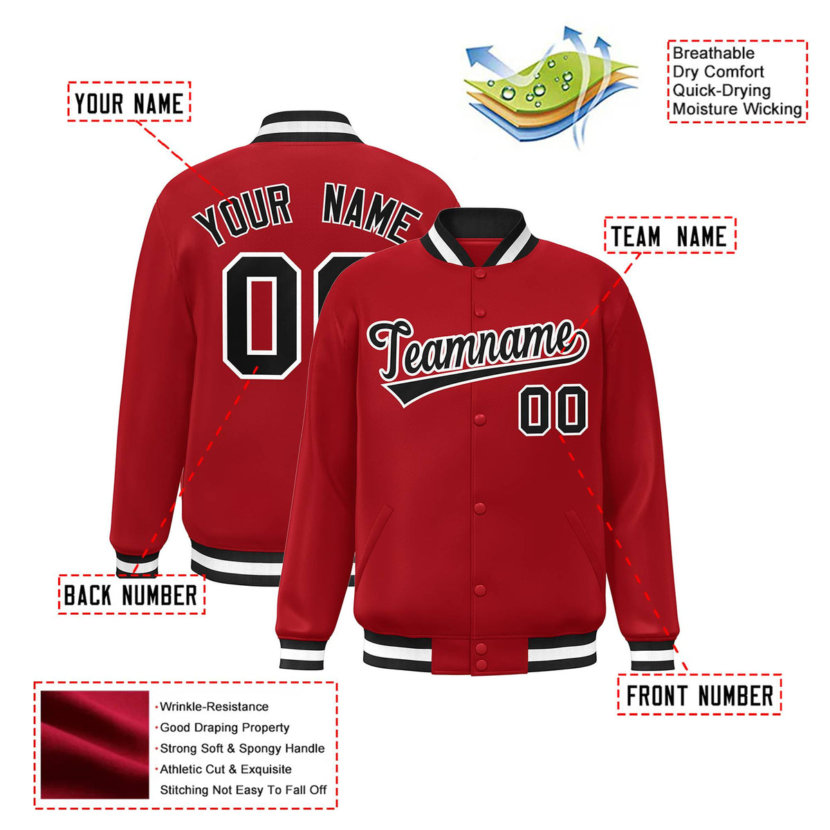 Custom Royal-Red Black-White Bomber Full-Snap Varsity Letterman Jacket