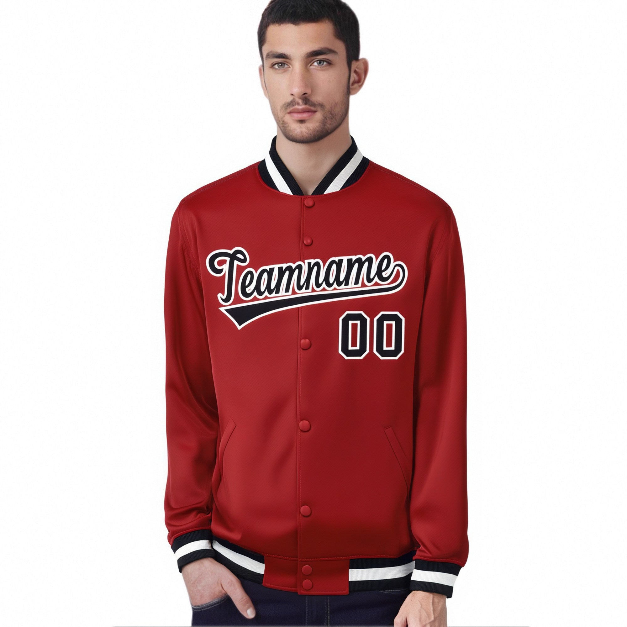 Custom Royal-Red Black-White Bomber Full-Snap Varsity Letterman Jacket