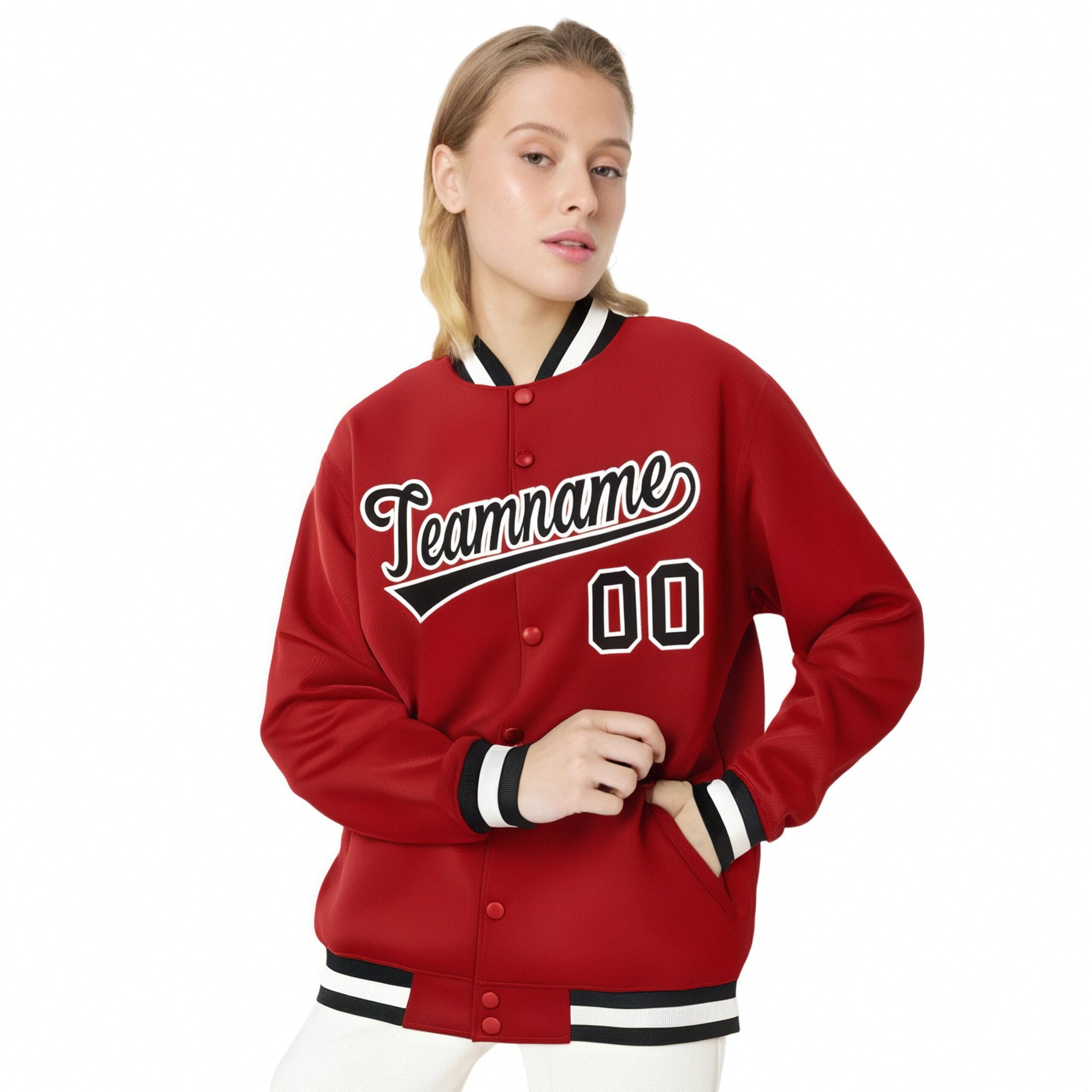 Custom Royal-Red Black-White Bomber Full-Snap Varsity Letterman Jacket