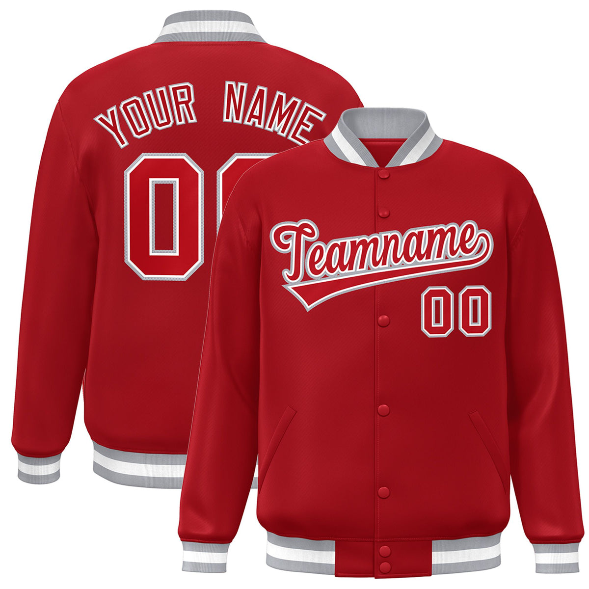 Custom Royal-Red Gray-White Bomber Full-Snap Varsity Letterman Jacket