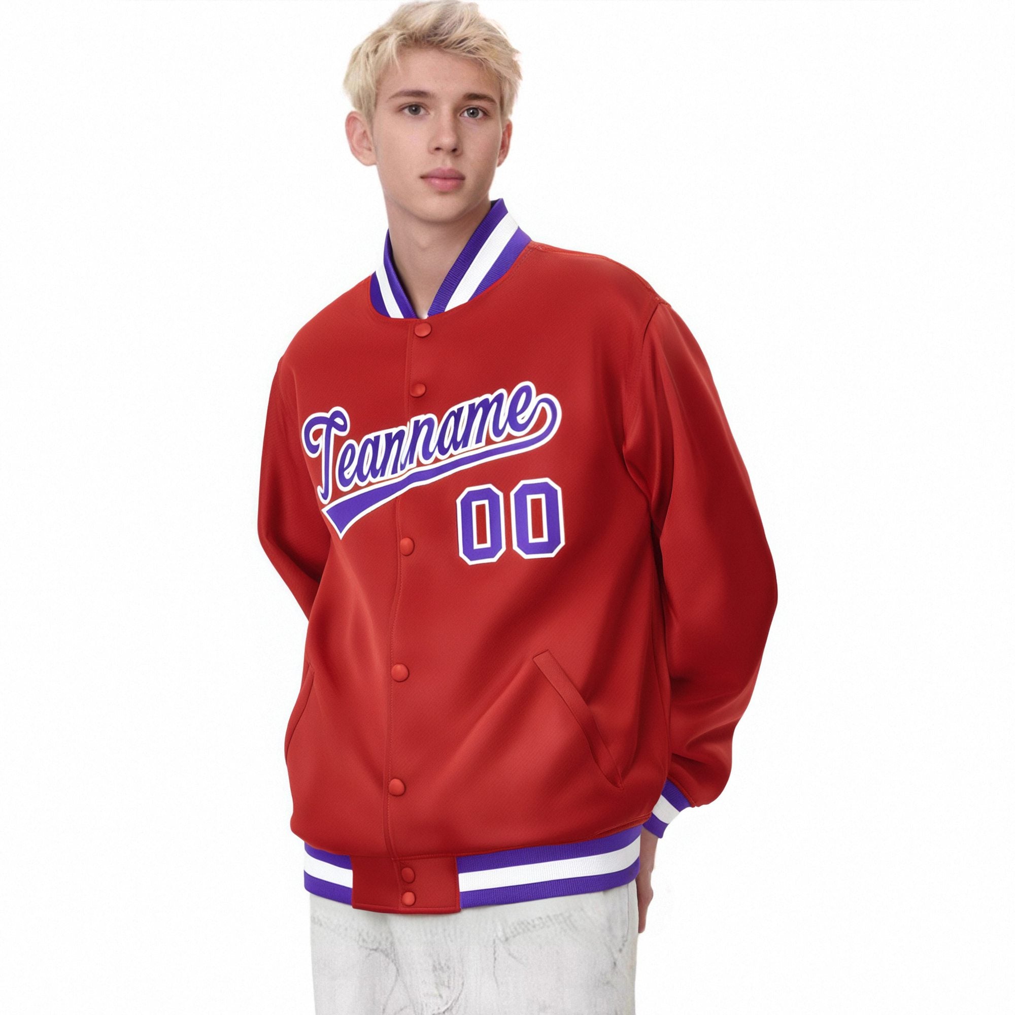 Custom Royal-Red Purple-White Bomber Full-Snap Varsity Letterman Jacket