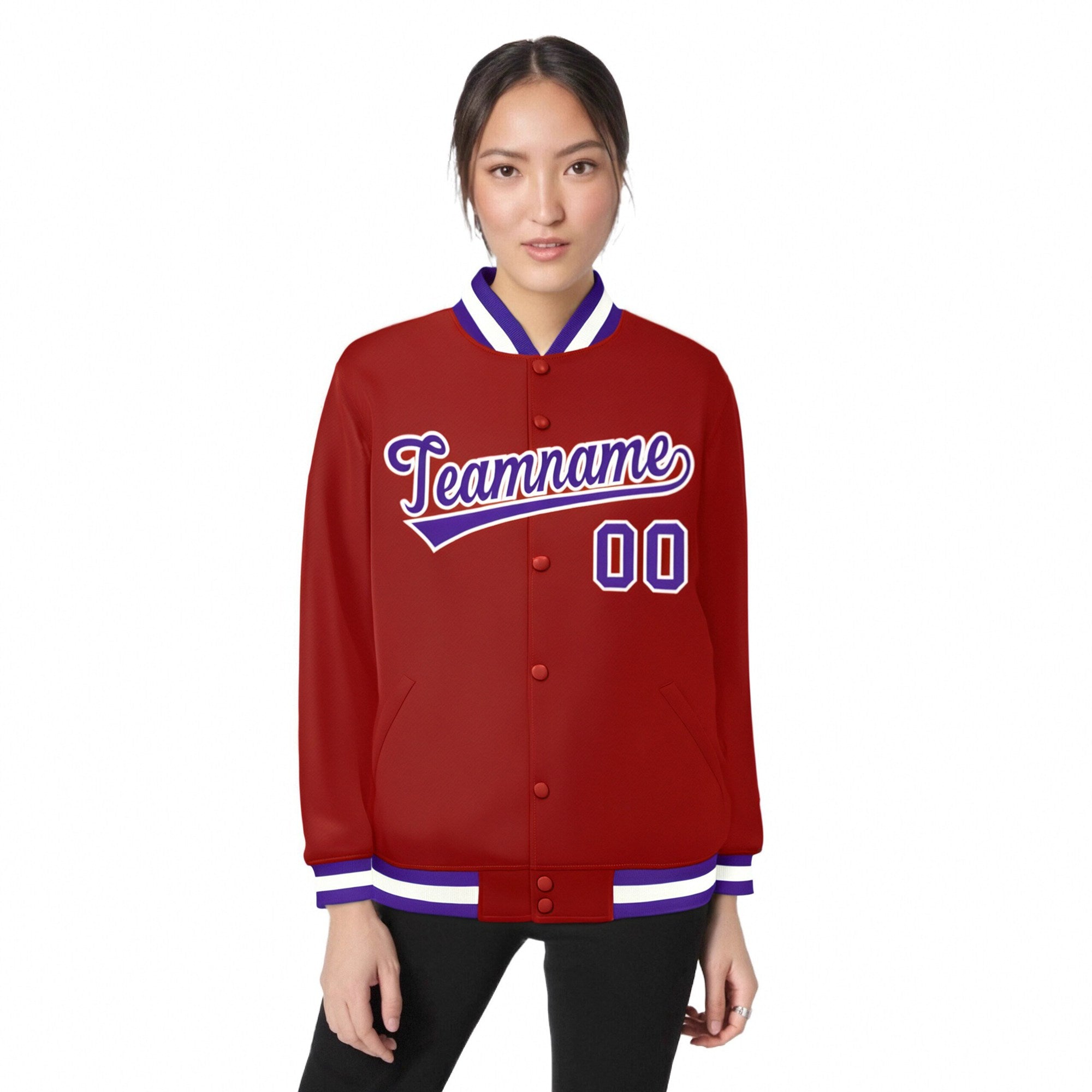 Custom Royal-Red Purple-White Bomber Full-Snap Varsity Letterman Jacket