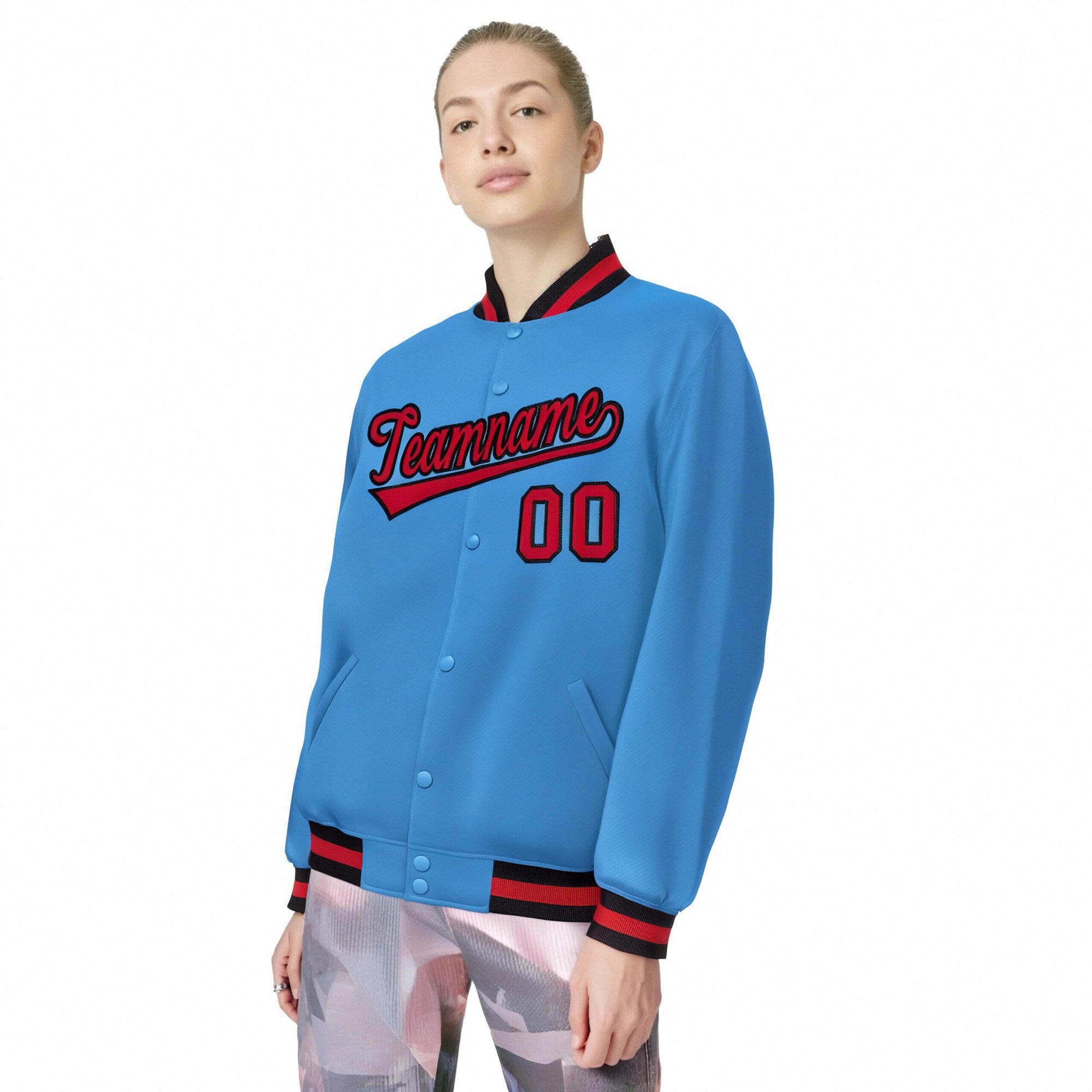 Custom Light-Blue Red-Black Bomber Full-Snap Varsity Letterman Jacket