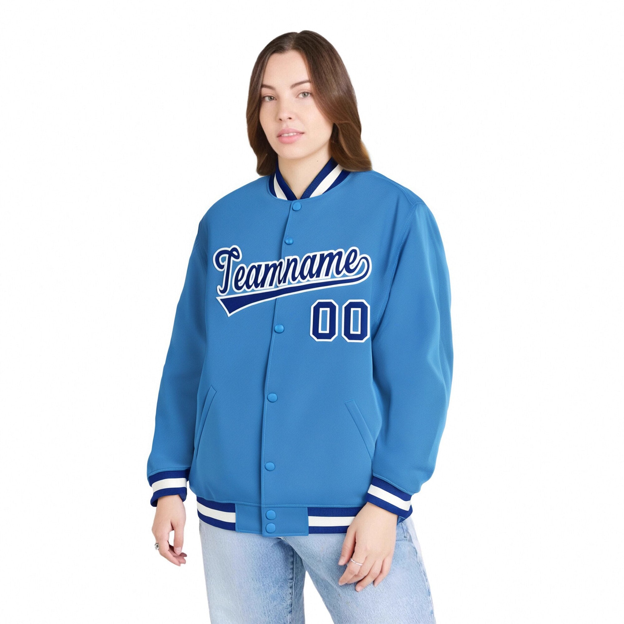 Custom Light-Blue Blue-White Bomber Full-Snap Varsity Letterman Jacket