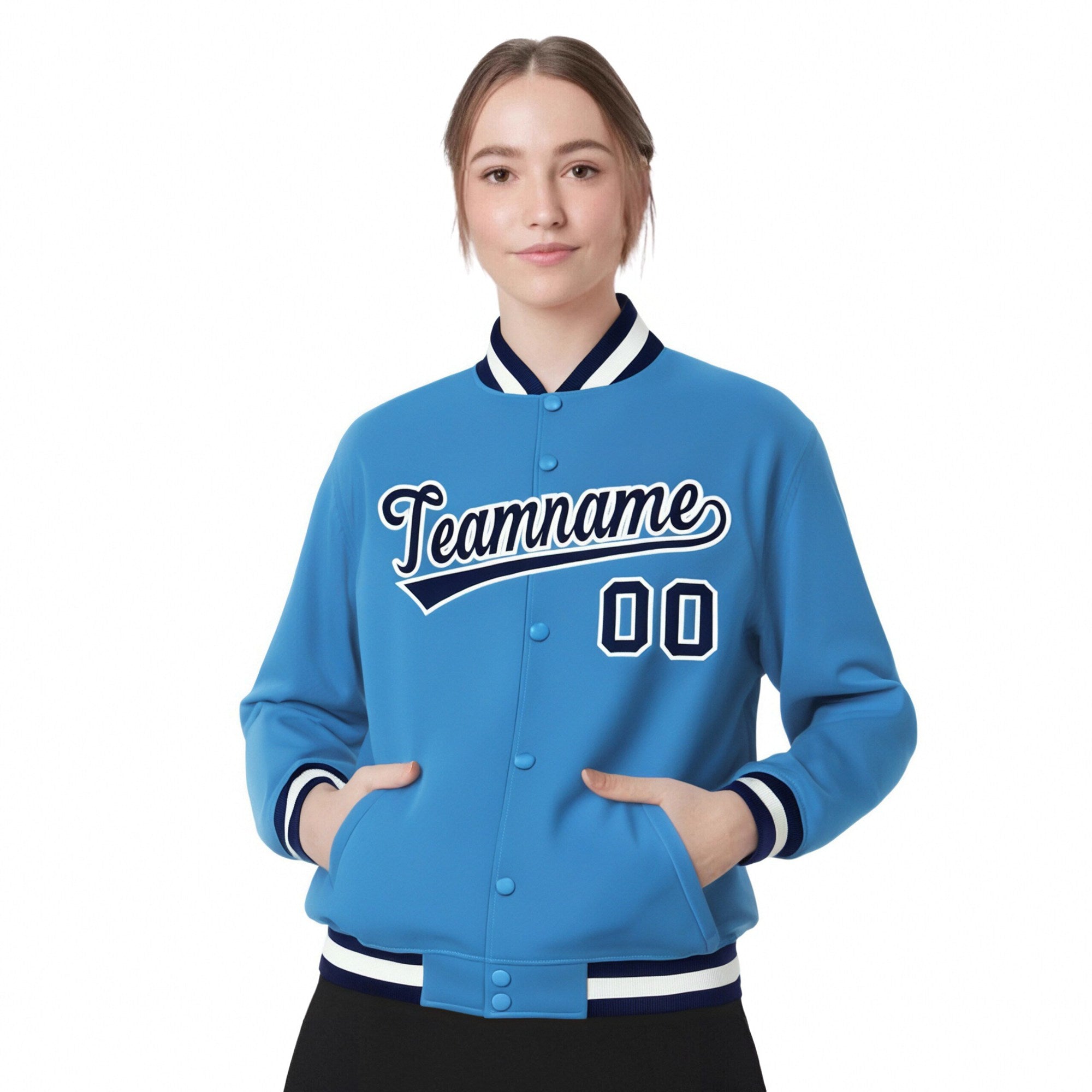 Custom Light-Blue Navy-White Bomber Full-Snap Varsity Letterman Jacket