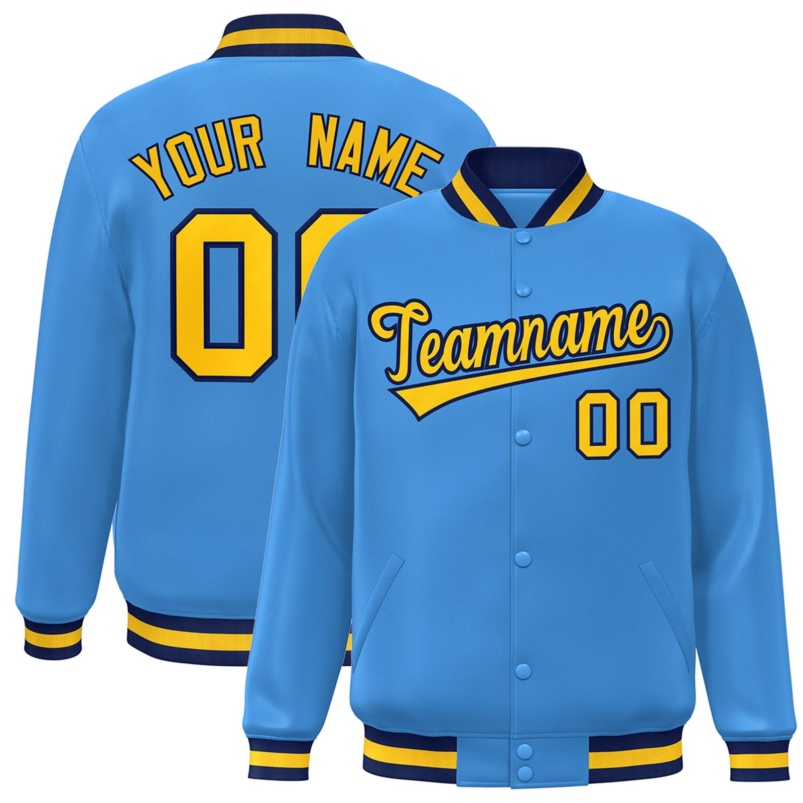 Custom Light-Blue Yellow-Navy Bomber Full-Snap Varsity Letterman Jacket