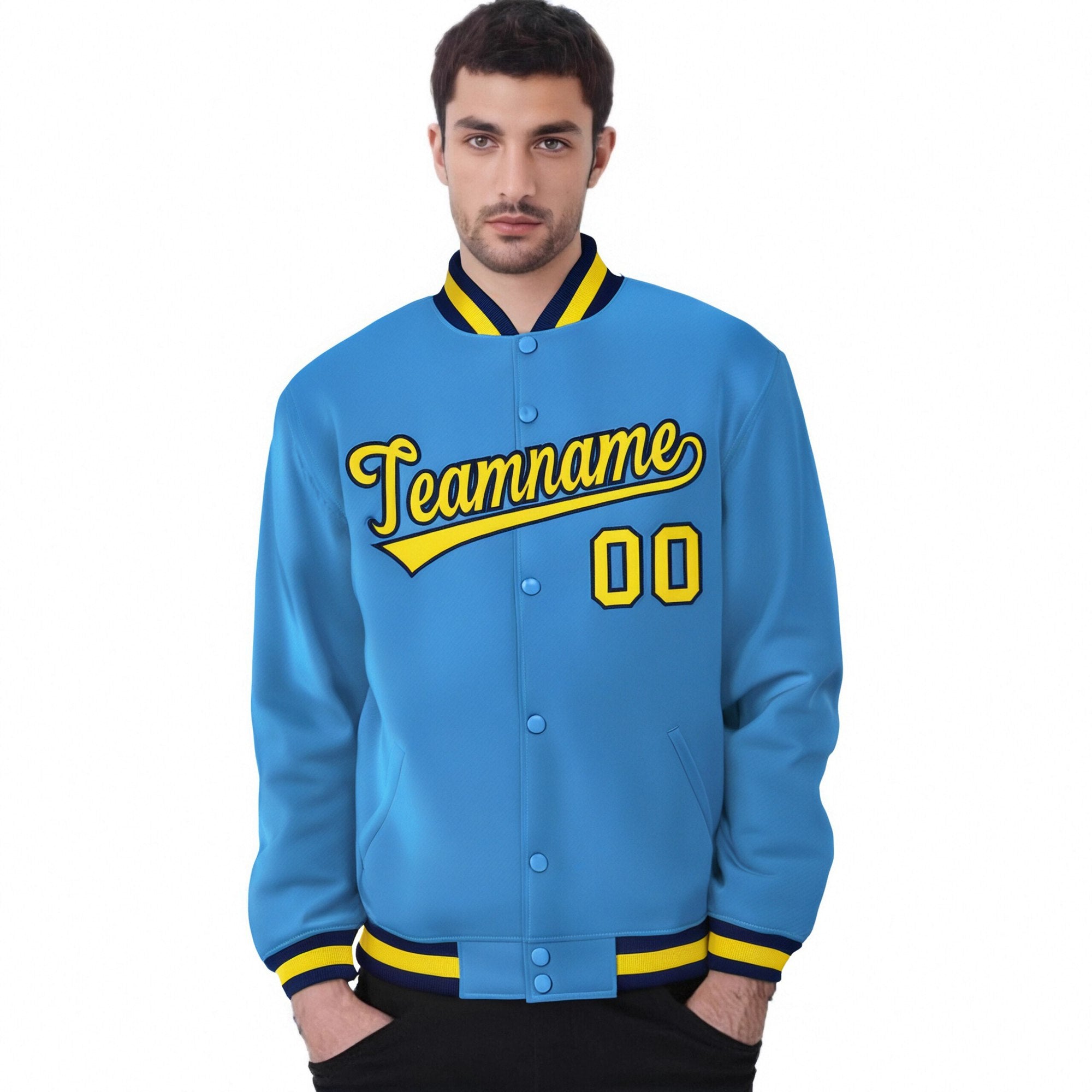 Custom Light-Blue Yellow-Navy Bomber Full-Snap Varsity Letterman Jacket