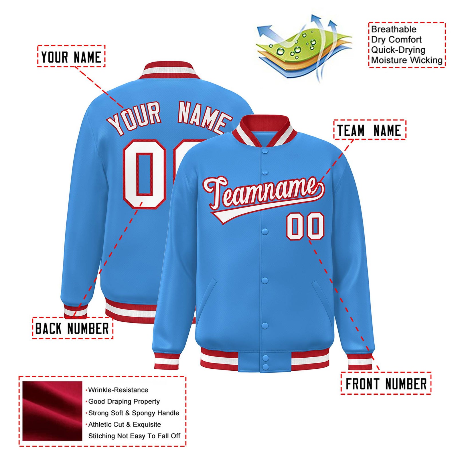 Custom Light-Blue White-Red Bomber Full-Snap Varsity Letterman Jacket