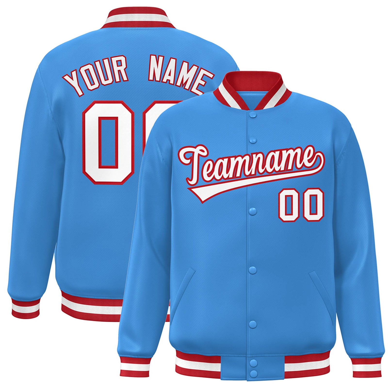 Custom Light-Blue White-Red Bomber Full-Snap Varsity Letterman Jacket