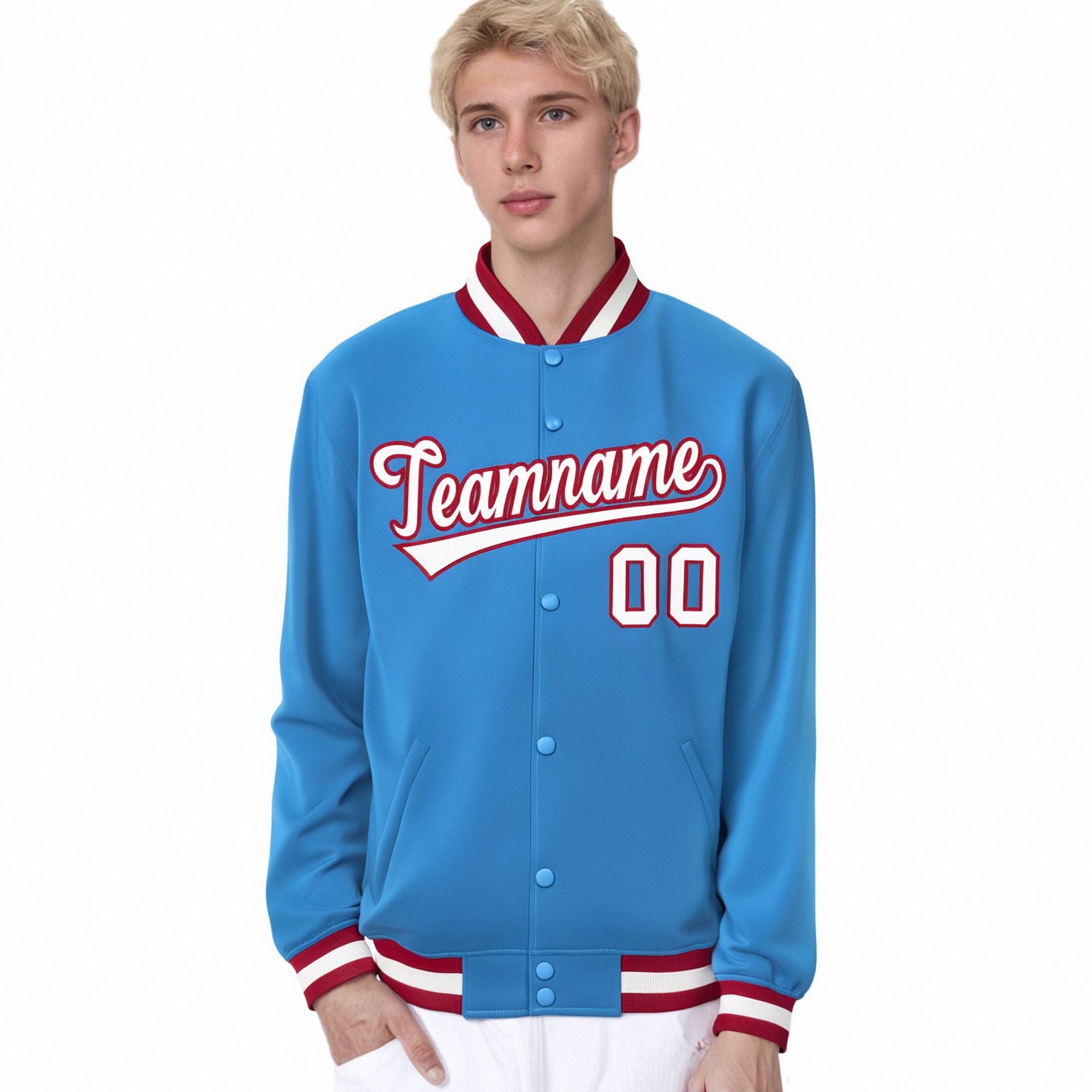 Custom Light-Blue White-Red Bomber Full-Snap Varsity Letterman Jacket