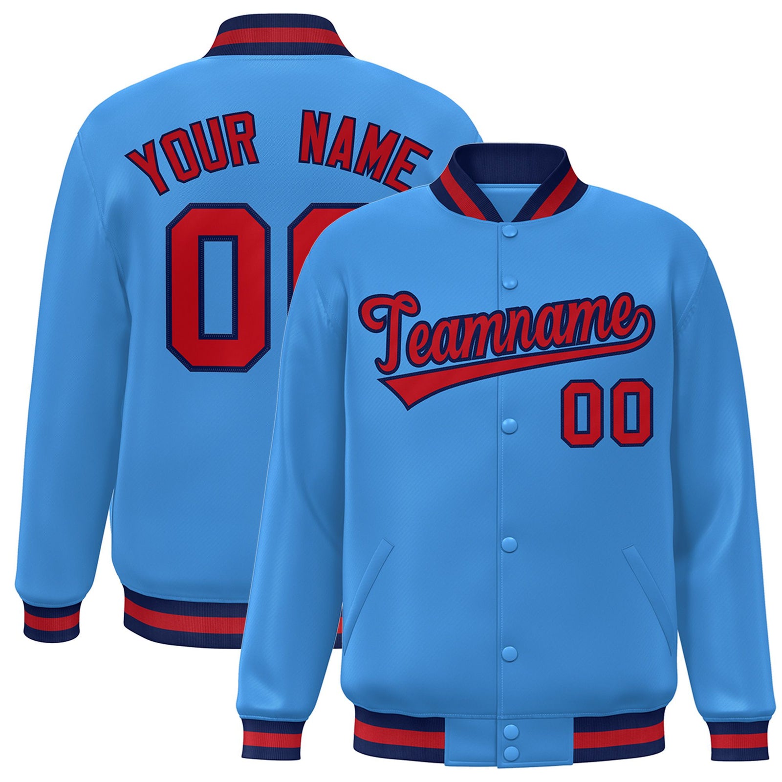 Custom Light-Blue Red-Navy Bomber Full-Snap Varsity Letterman Jacket