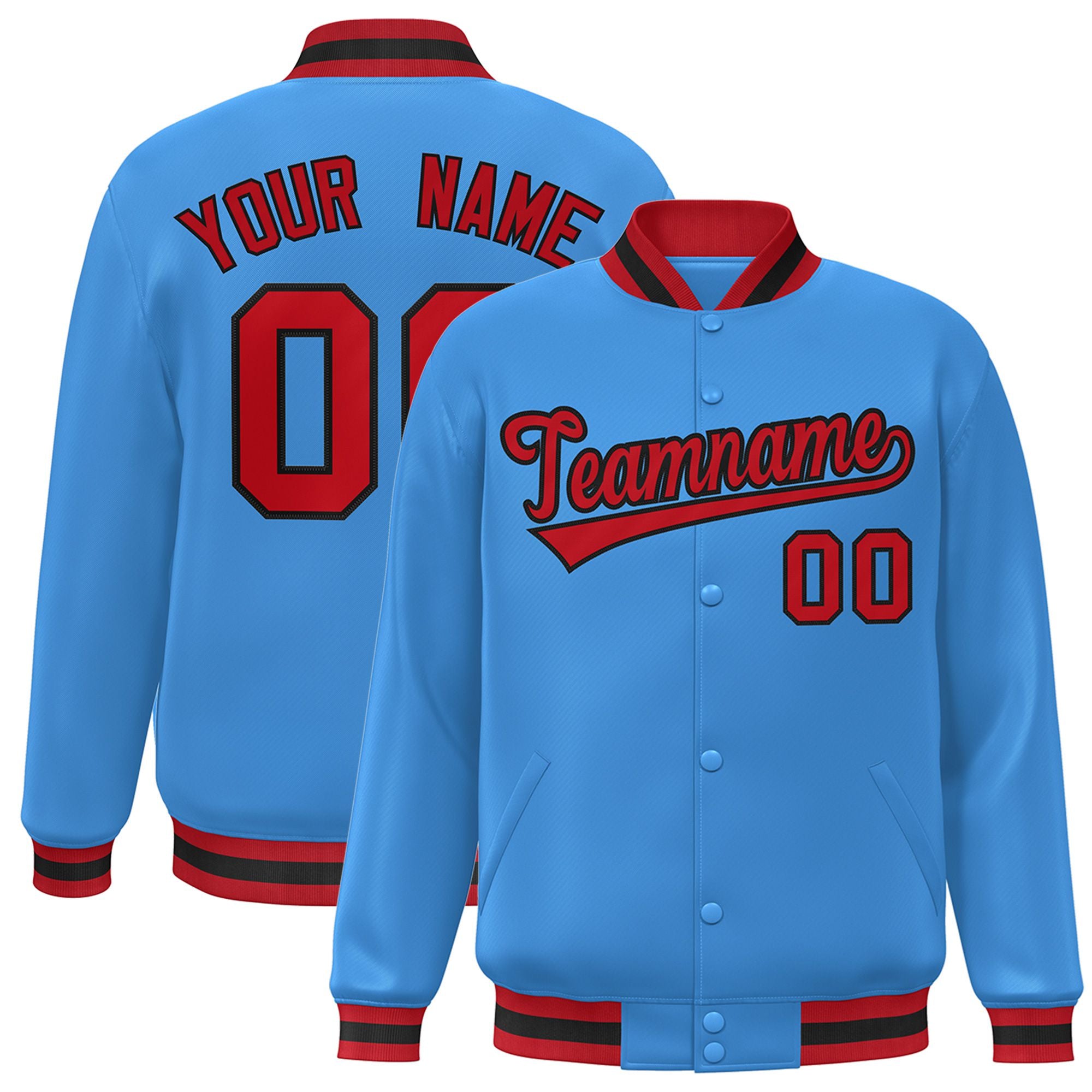 Custom Light-Blue Red-Black Bomber Full-Snap Varsity Letterman Jacket