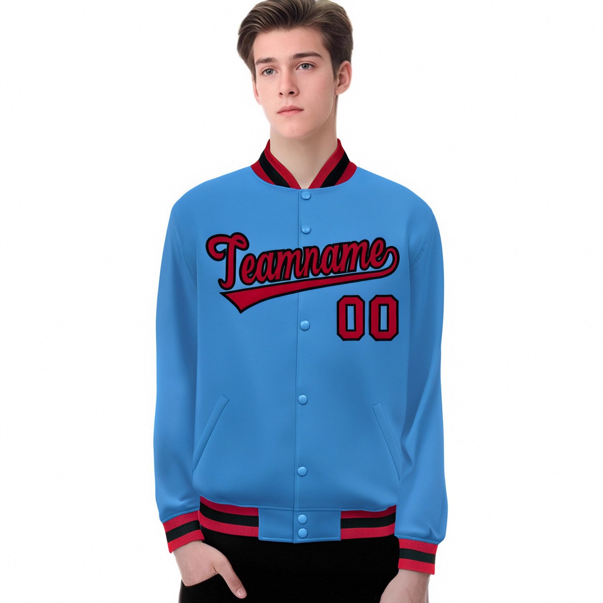 Custom Light-Blue Red-Black Bomber Full-Snap Varsity Letterman Jacket