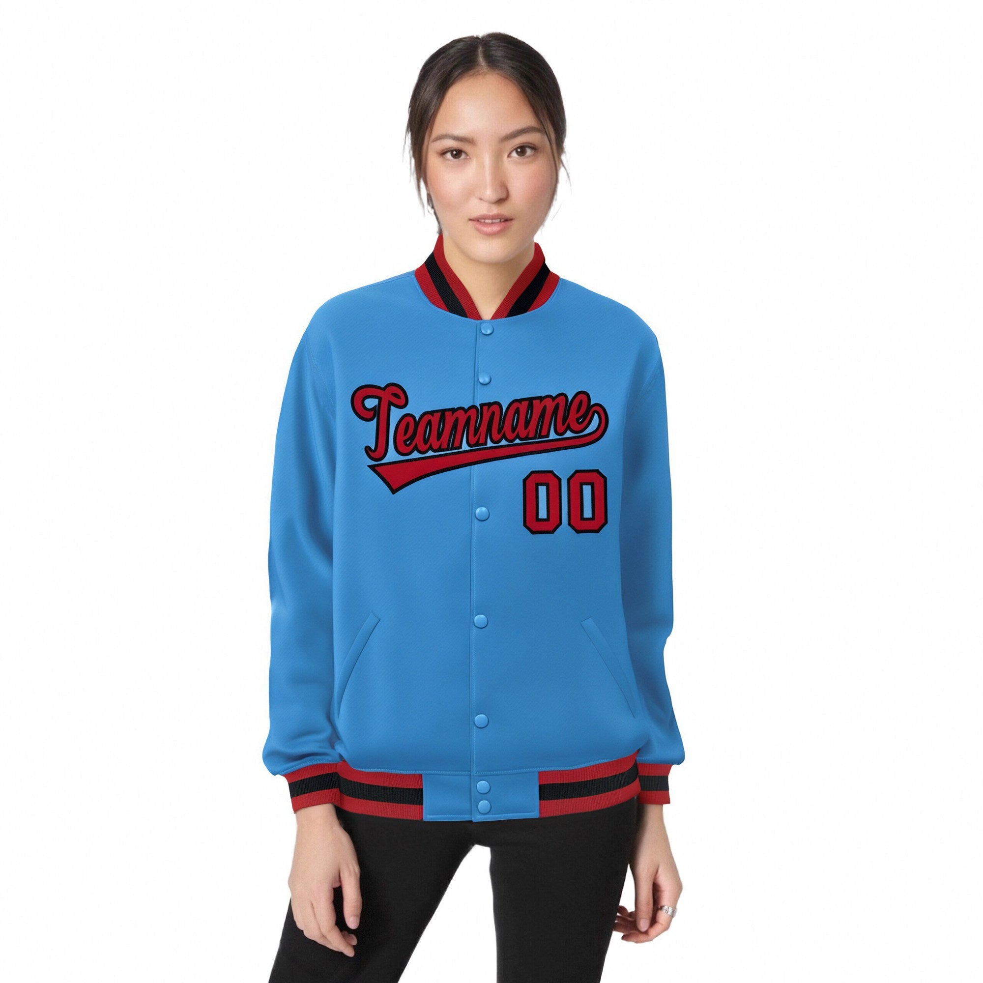 Custom Light-Blue Red-Black Bomber Full-Snap Varsity Letterman Jacket