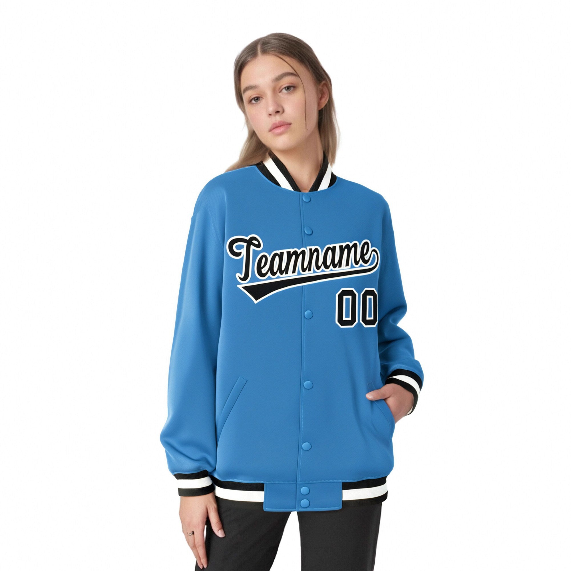 Custom Light-Blue Black-White Bomber Full-Snap Varsity Letterman Jacket