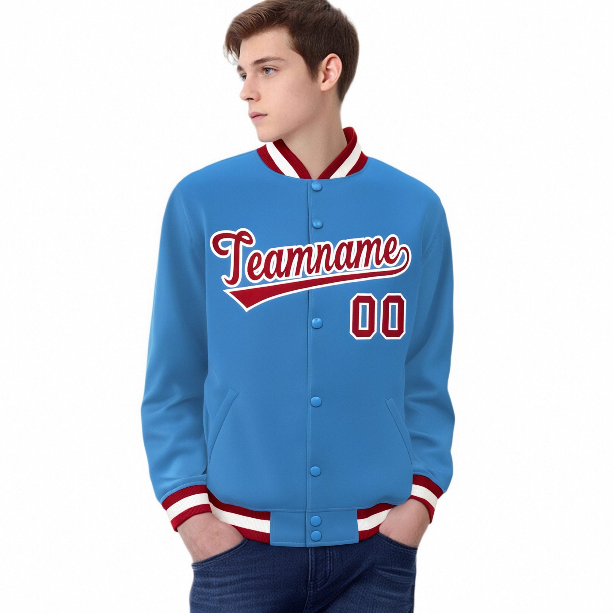 Custom Light-Blue Red-White Bomber Full-Snap Varsity Letterman Jacket