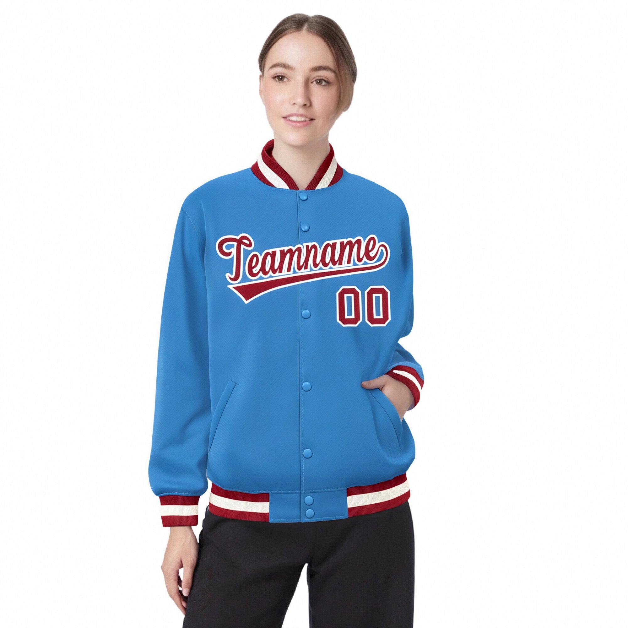 Custom Light-Blue Red-White Bomber Full-Snap Varsity Letterman Jacket