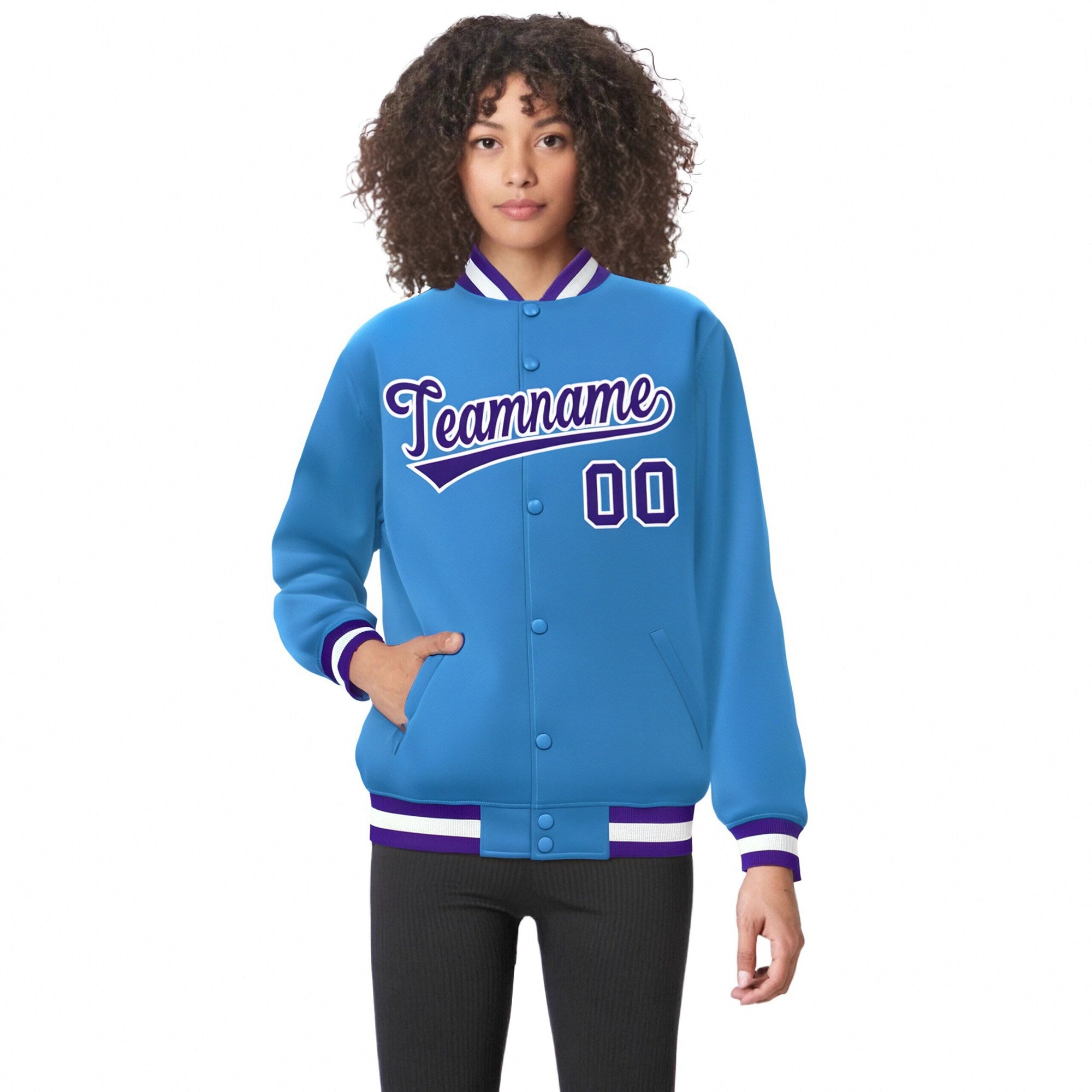 Custom Light-Blue Purple-White Bomber Full-Snap Varsity Letterman Jacket