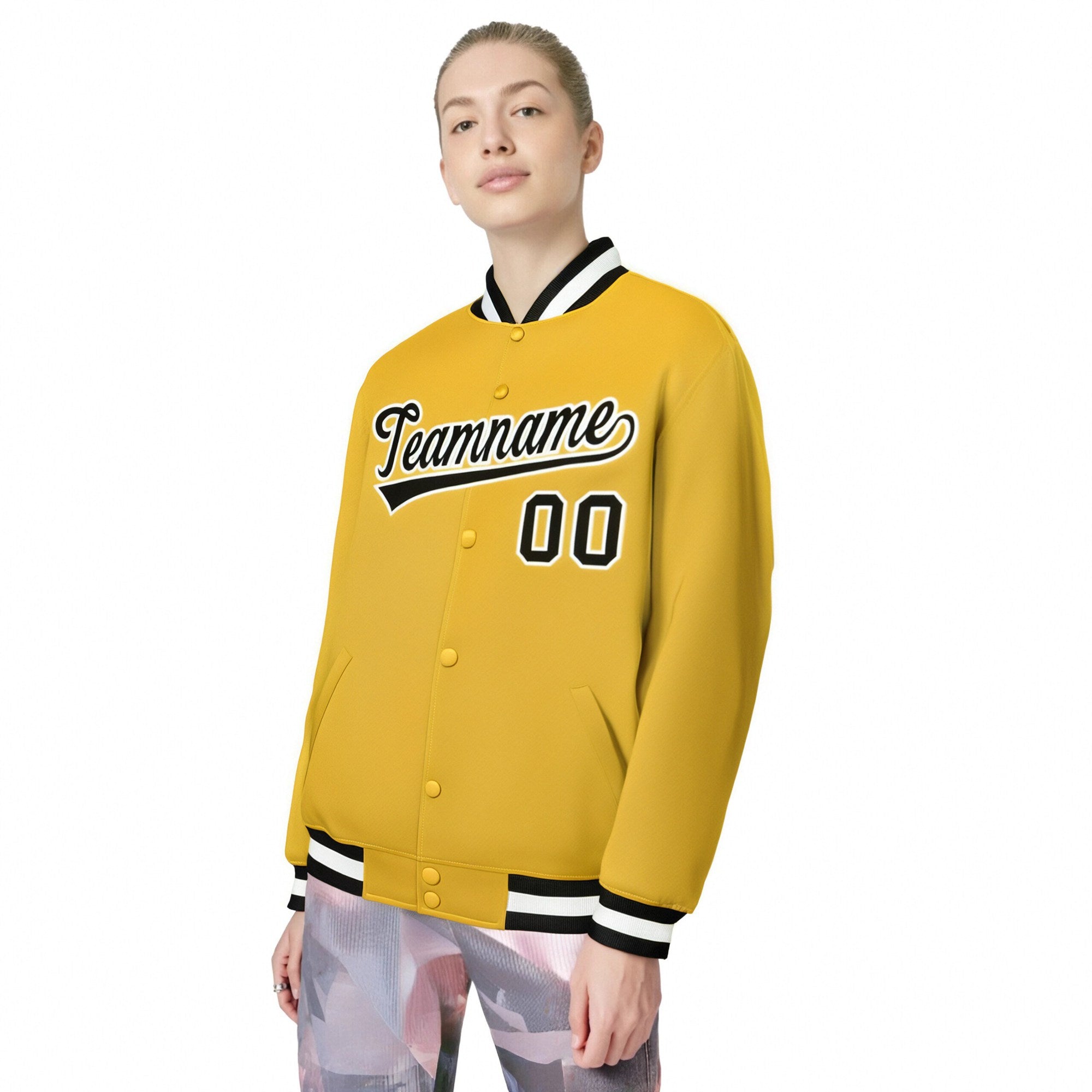 Custom Yellow Black-White Bomber Full-Snap Varsity Letterman Jacket