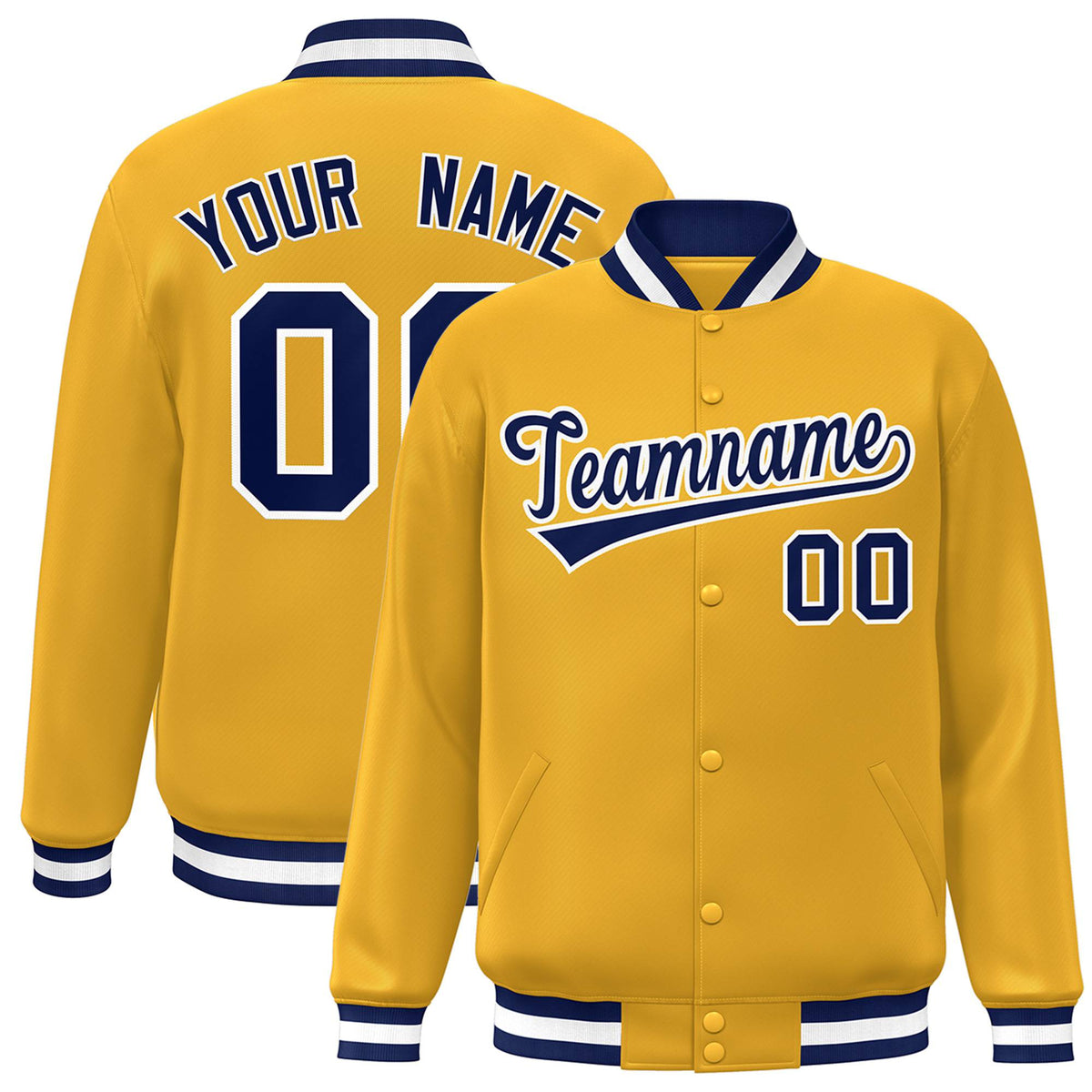 Custom Yellow Navy-White Bomber Full-Snap Varsity Letterman Jacket