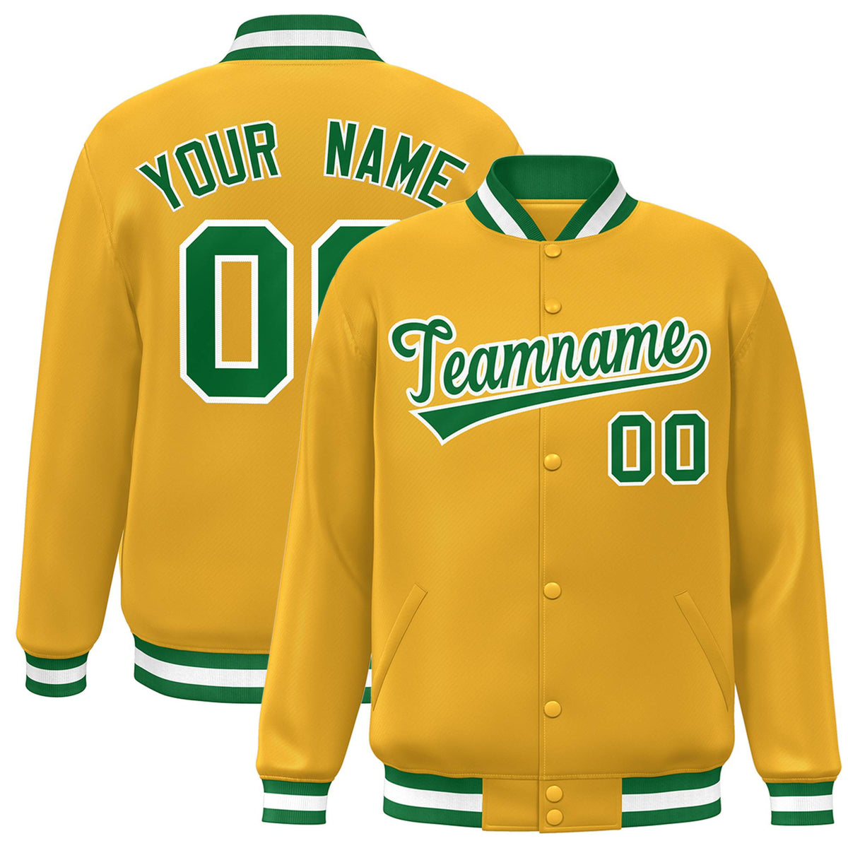Custom Yellow Neon-Green White Bomber Full-Snap Varsity Letterman Jacket