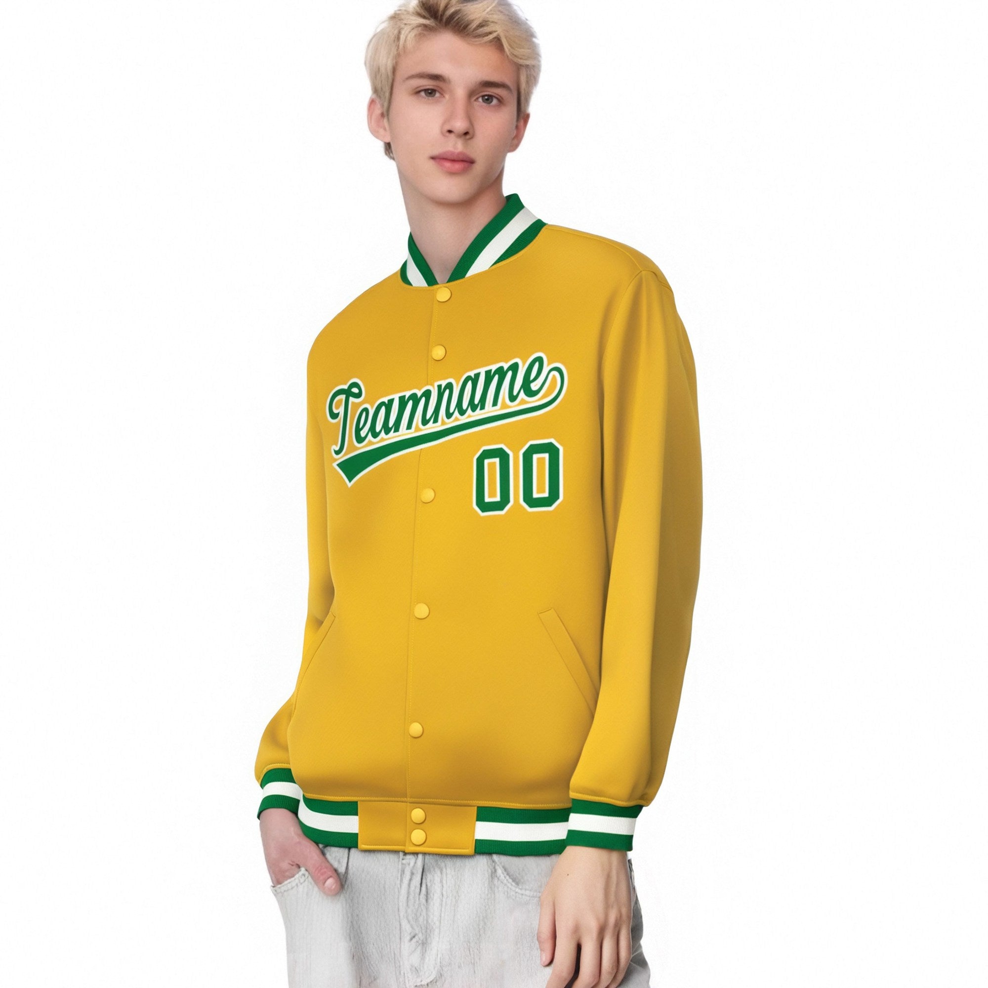 Custom Yellow Neon-Green White Bomber Full-Snap Varsity Letterman Jacket