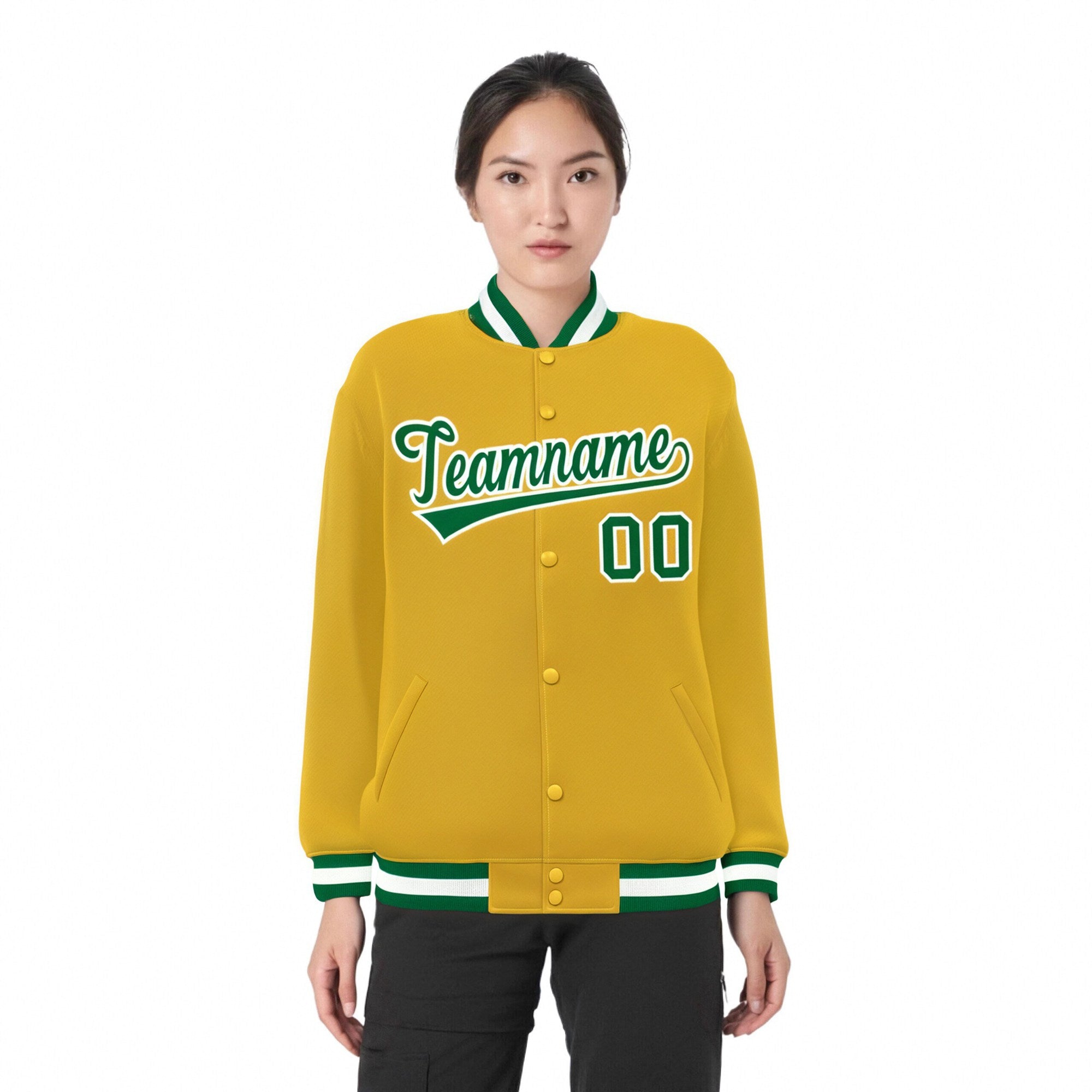 Custom Yellow Neon-Green White Bomber Full-Snap Varsity Letterman Jacket