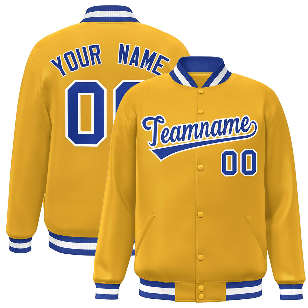 Custom Yellow Royal-Blue White Bomber Full-Snap Varsity Letterman Jacket