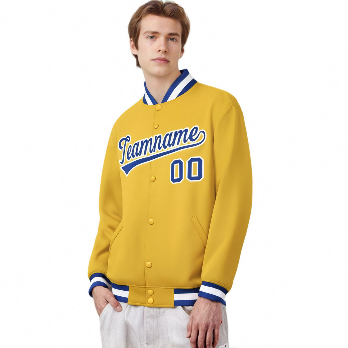 Custom Yellow Royal-Blue White Bomber Full-Snap Varsity Letterman Jacket
