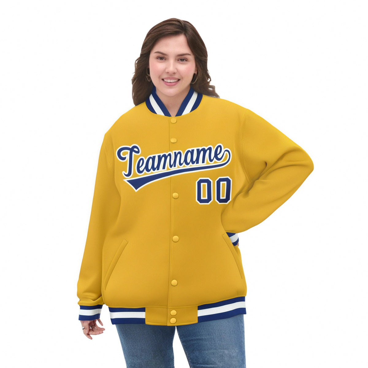 Custom Yellow Royal-Blue White Bomber Full-Snap Varsity Letterman Jacket