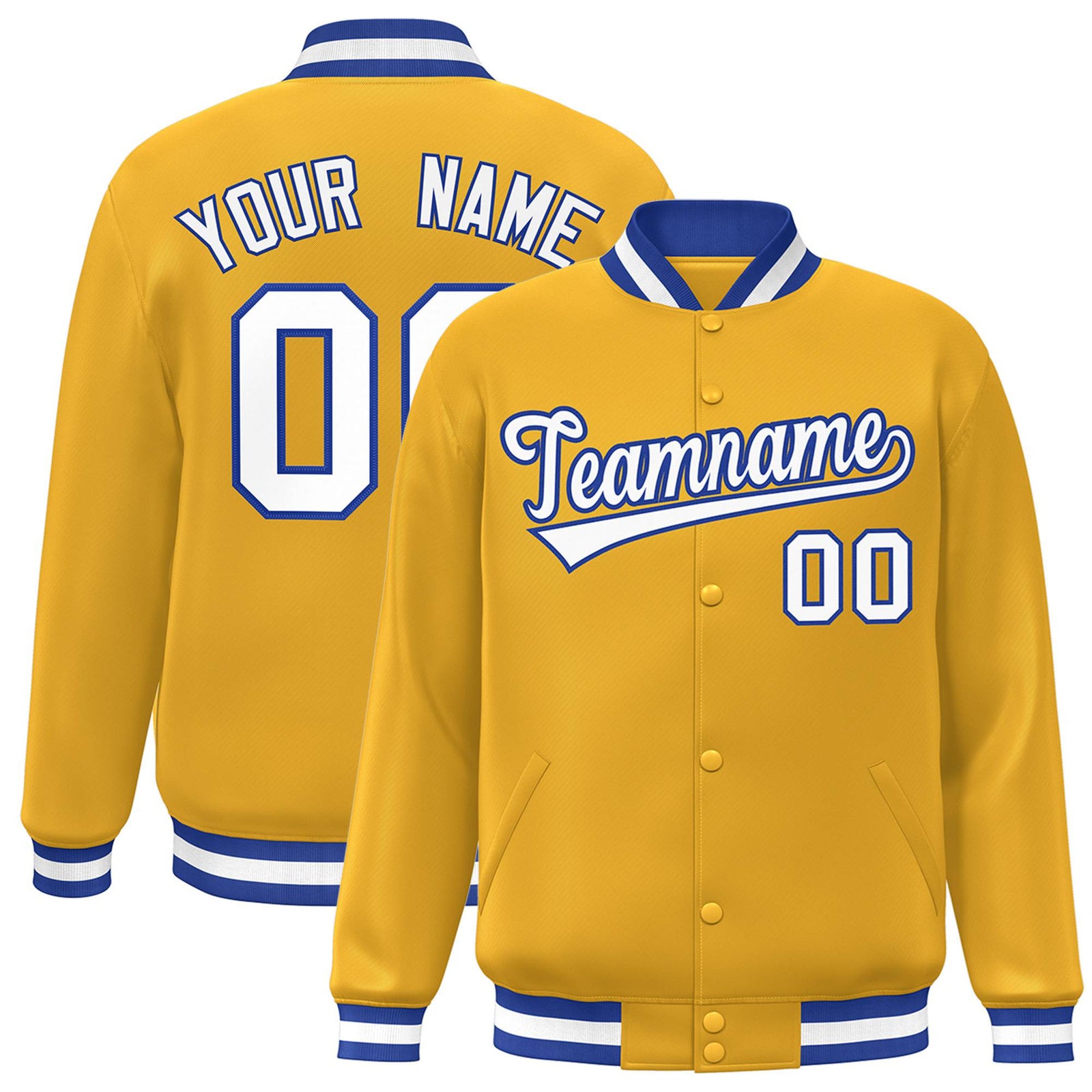 Custom Yellow White Royal-Blue Bomber Full-Snap Varsity Letterman Jacket